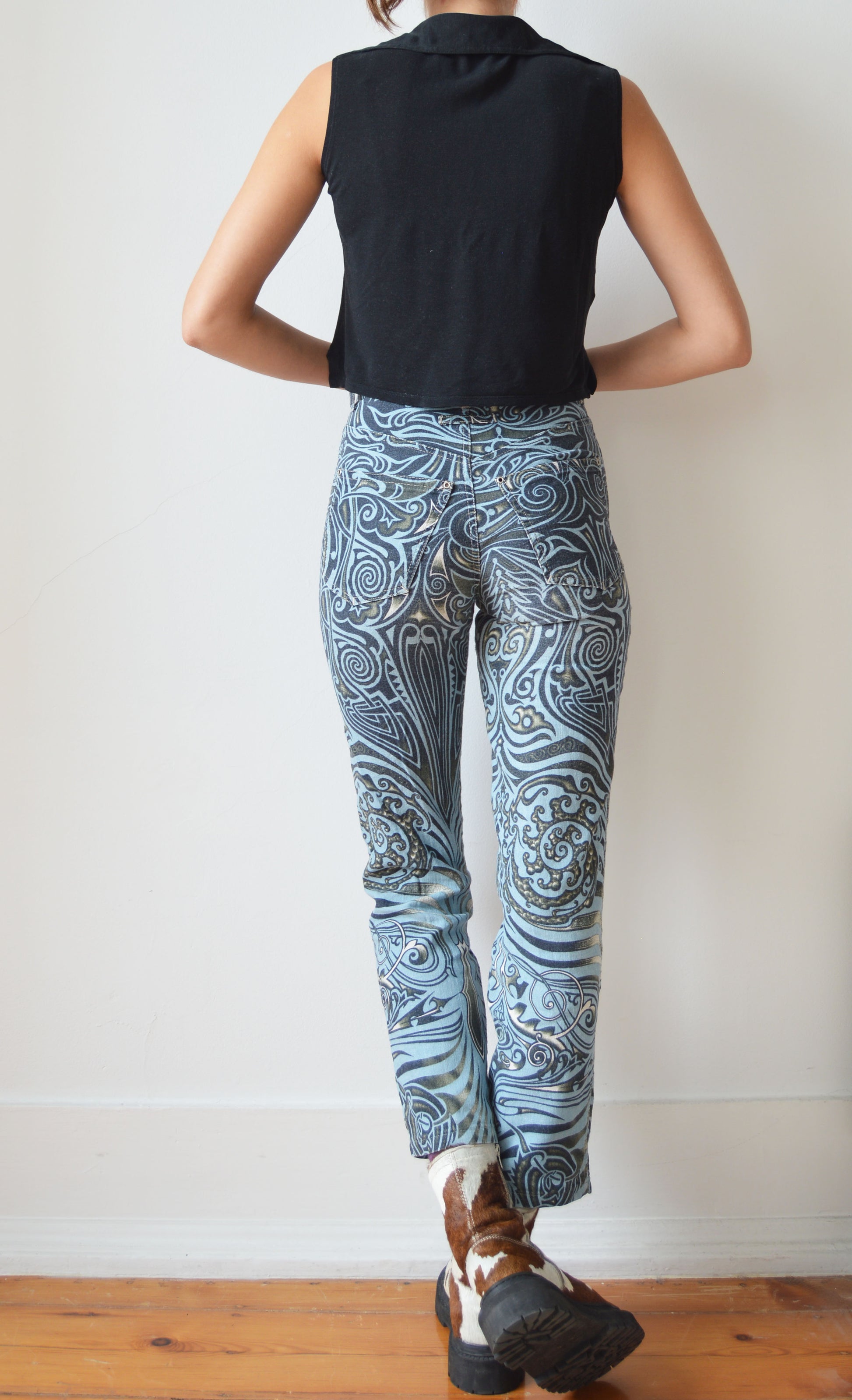 vintage gaultier jeans ss 1996 tribal print high waisted jeans