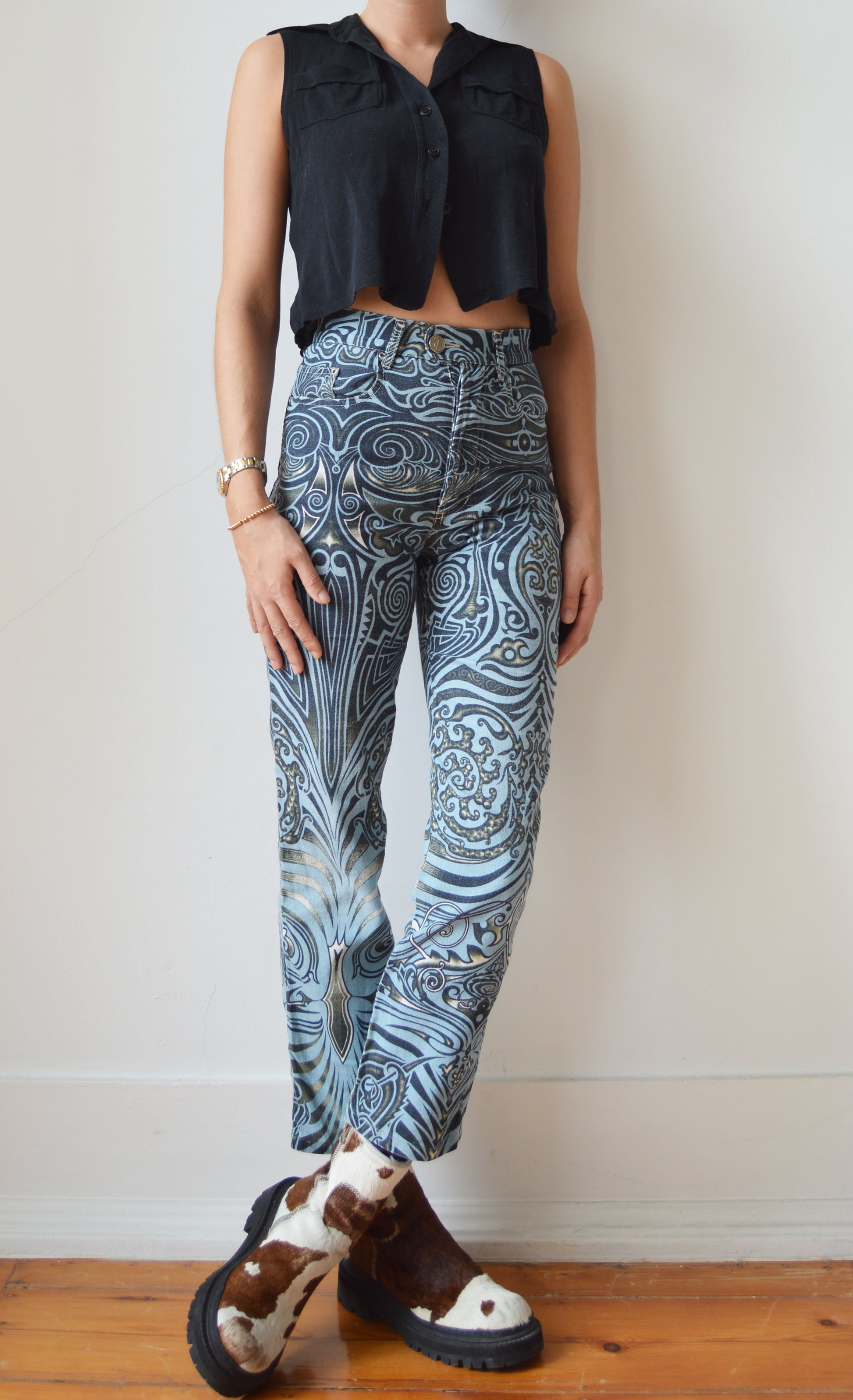 vintage gaultier jeans ss 1996 tribal print high waisted jeans