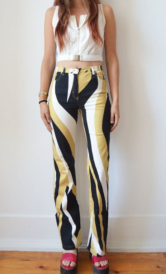 vintage iceberg ss 2001 black beige white patterned jeans