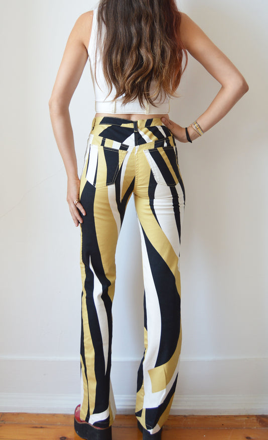 vintage iceberg ss 2001 black beige white patterned jeans