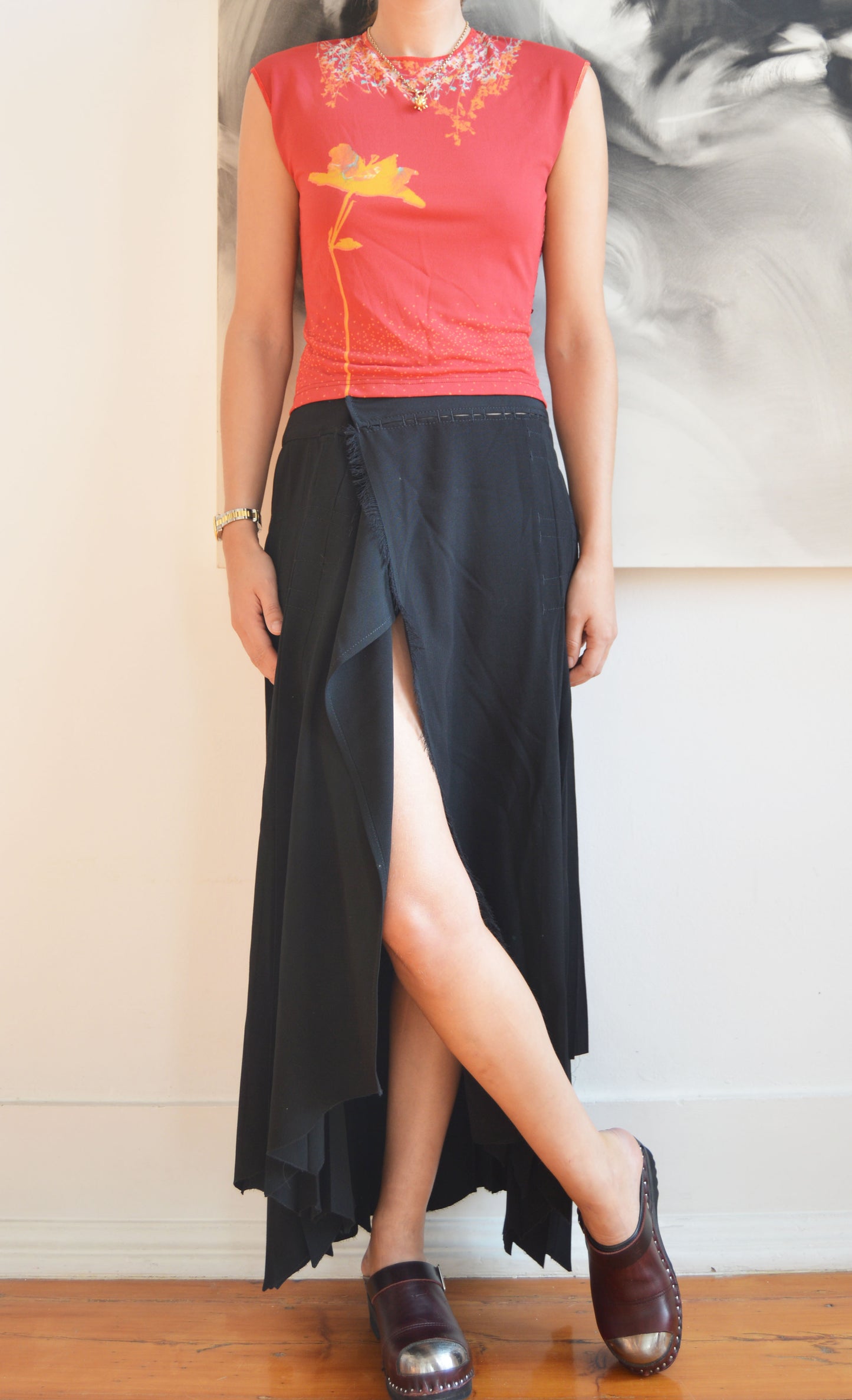 vintage jean Paul gaultier fw 2002 black asymmetric wool maxi skirt