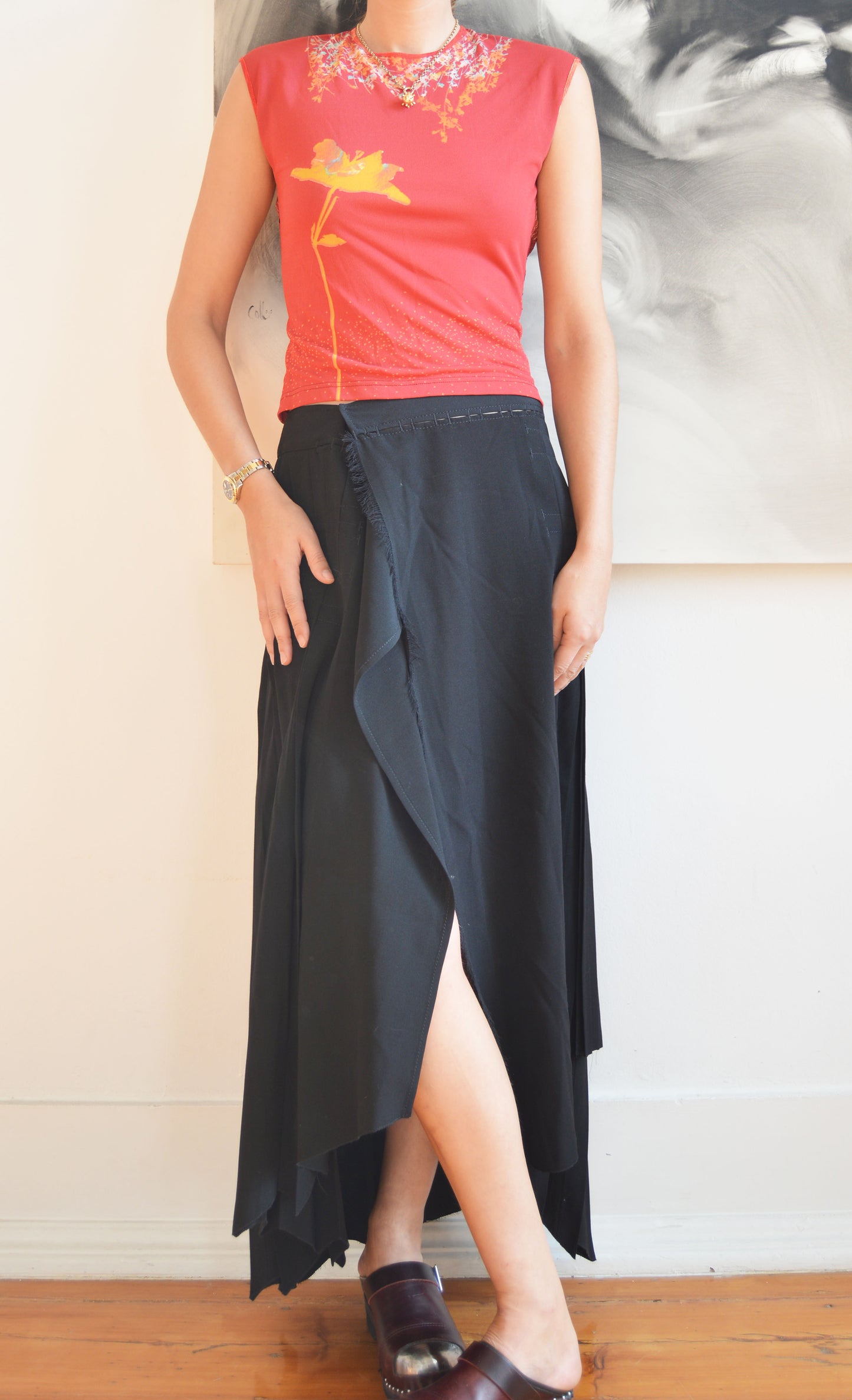 vintage jean Paul gaultier fw 2002 black asymmetric wool maxi skirt