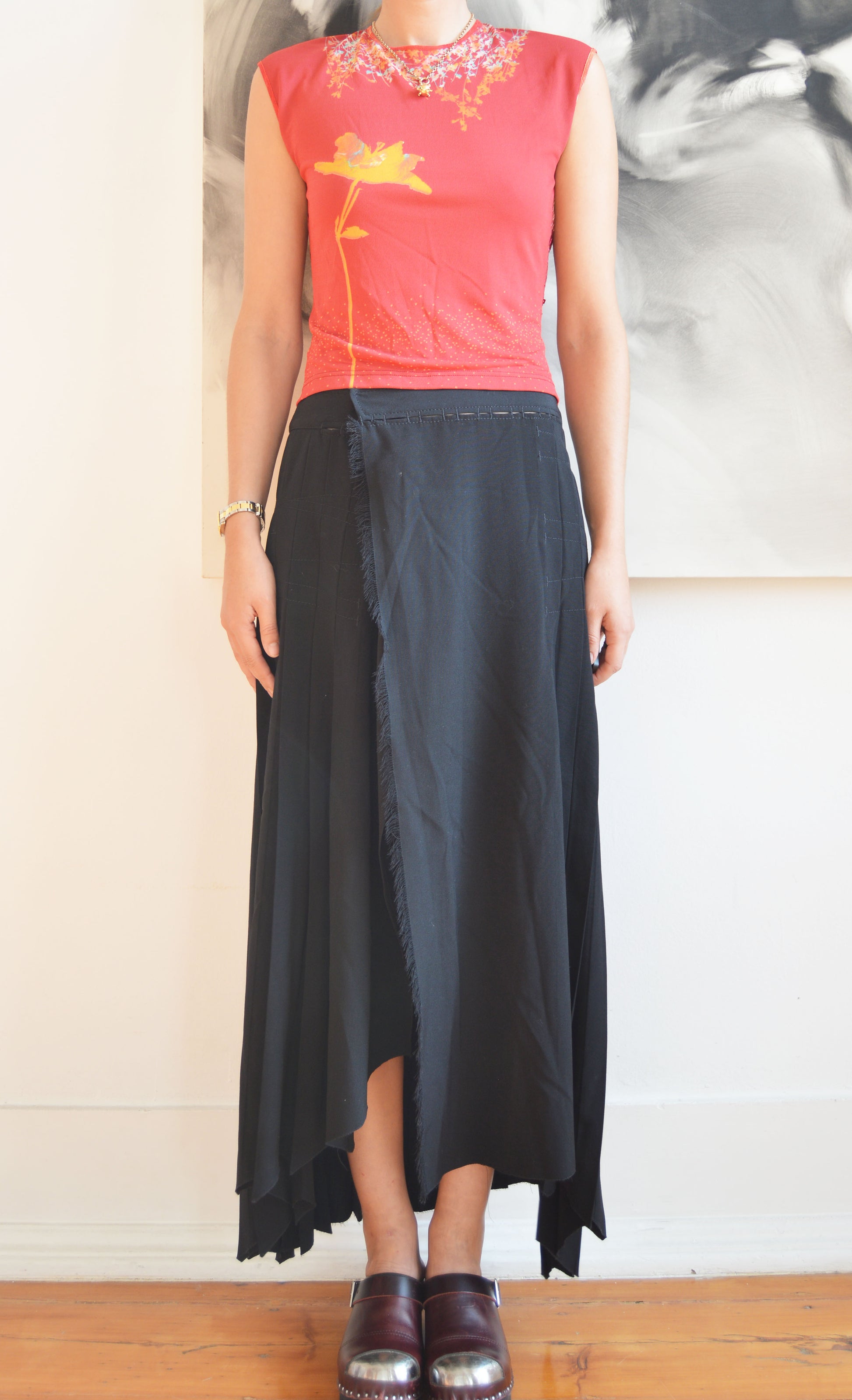 vintage jean Paul gaultier fw 2002 black asymmetric wool maxi skirt