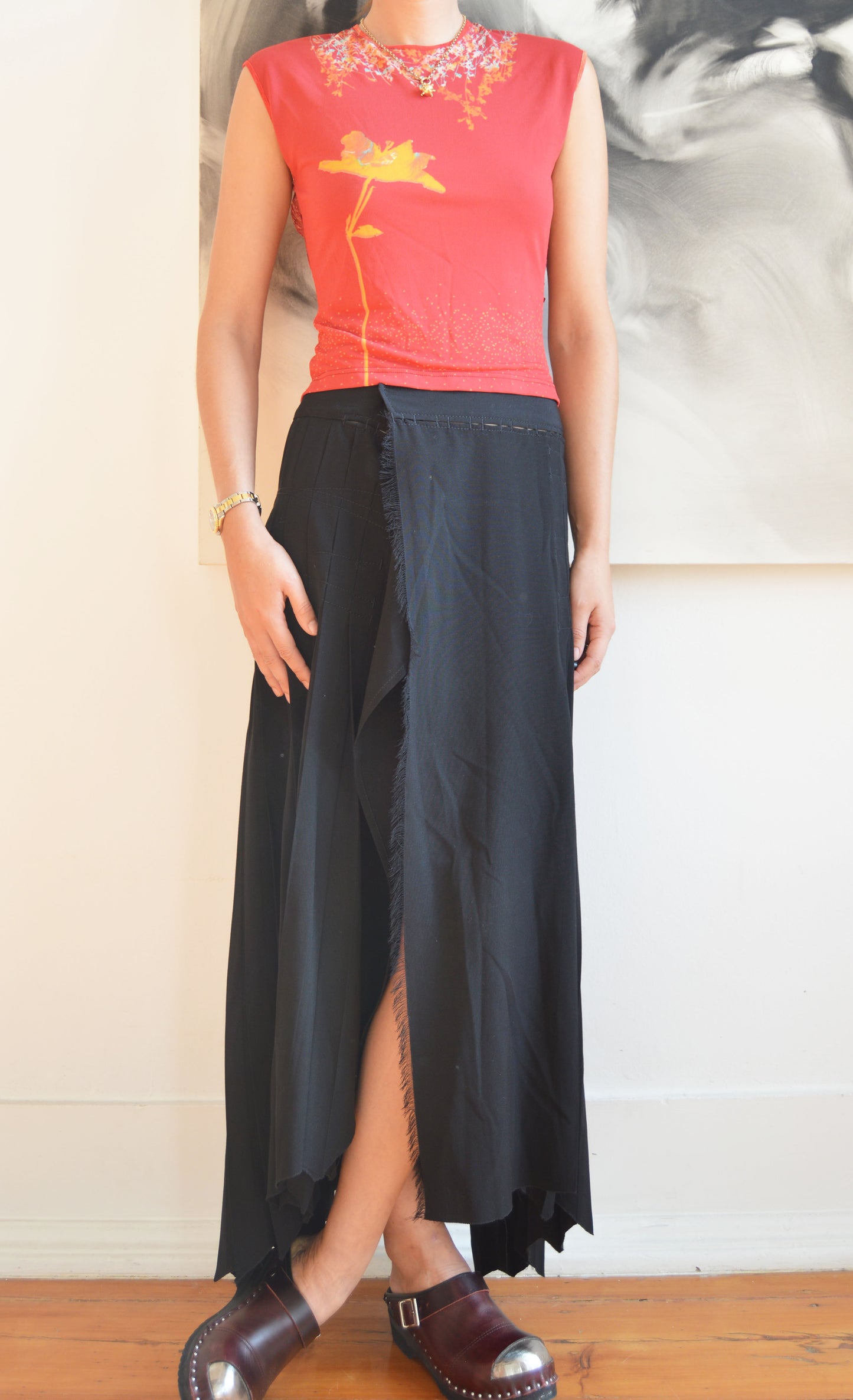 vintage jean Paul gaultier fw 2002 black asymmetric wool maxi skirt