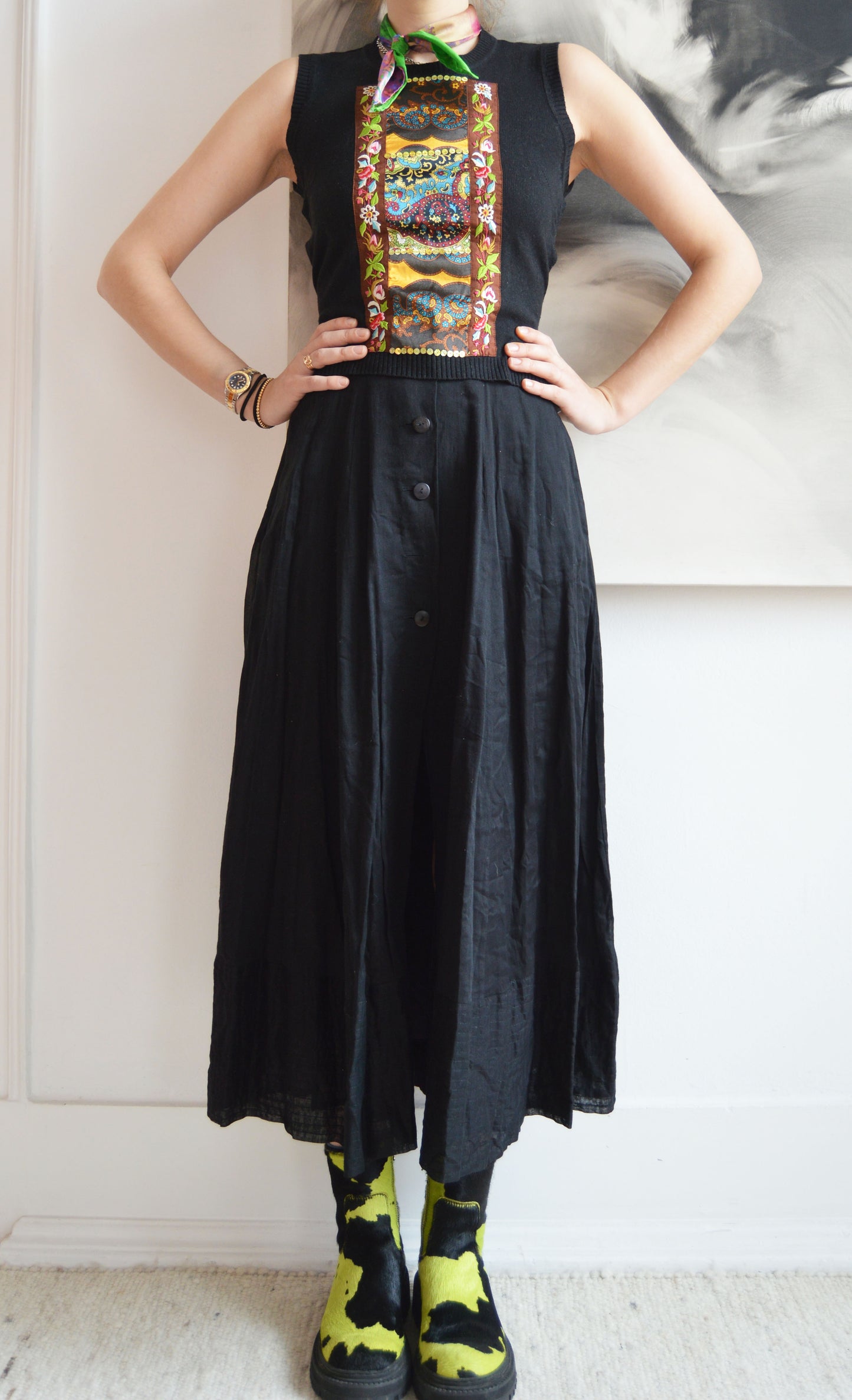 Vintage Kenzo Black Cotton Midi Skirt
