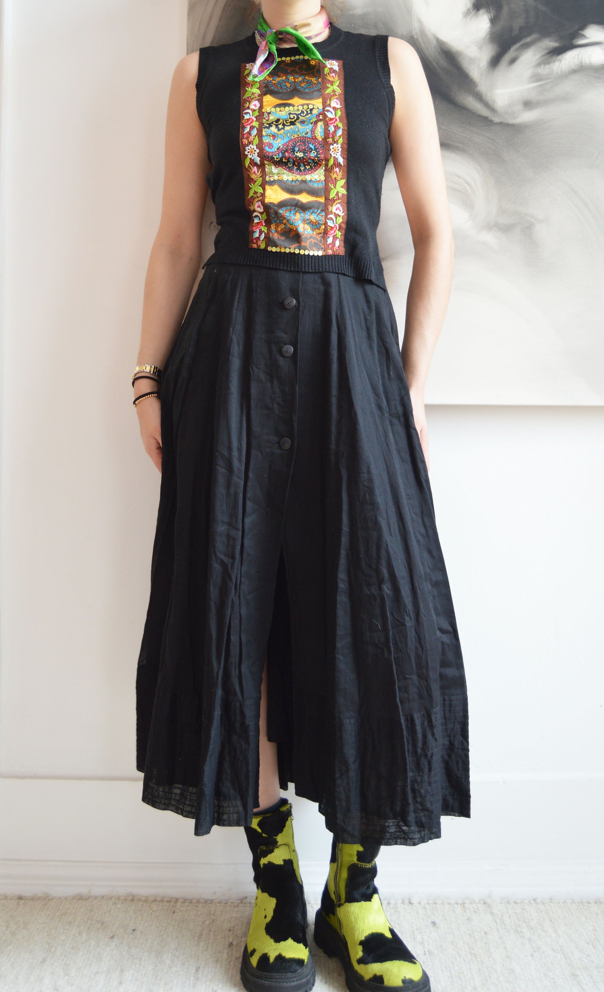 Vintage Kenzo Black Cotton Midi Skirt