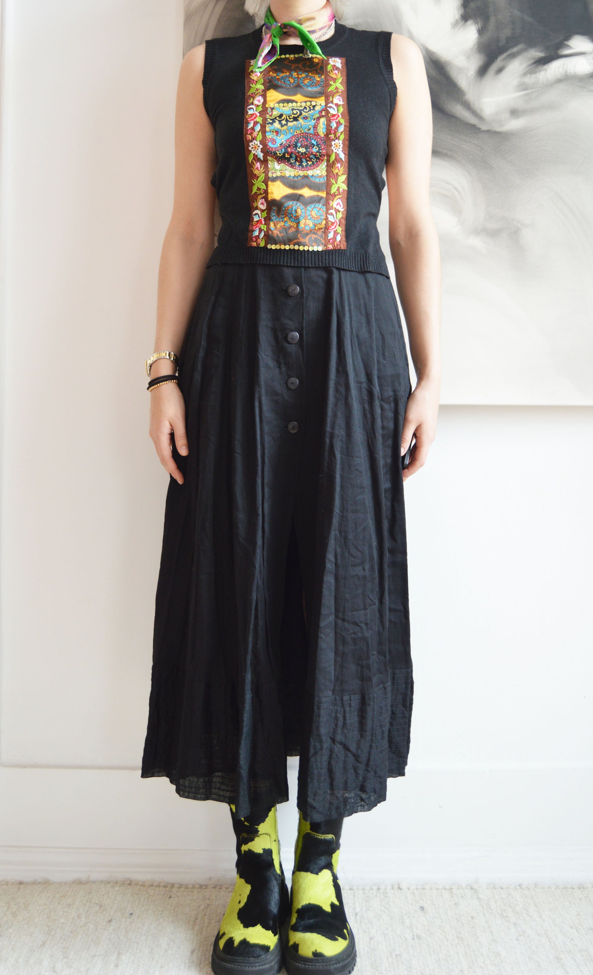 Vintage Kenzo Black Cotton Midi Skirt