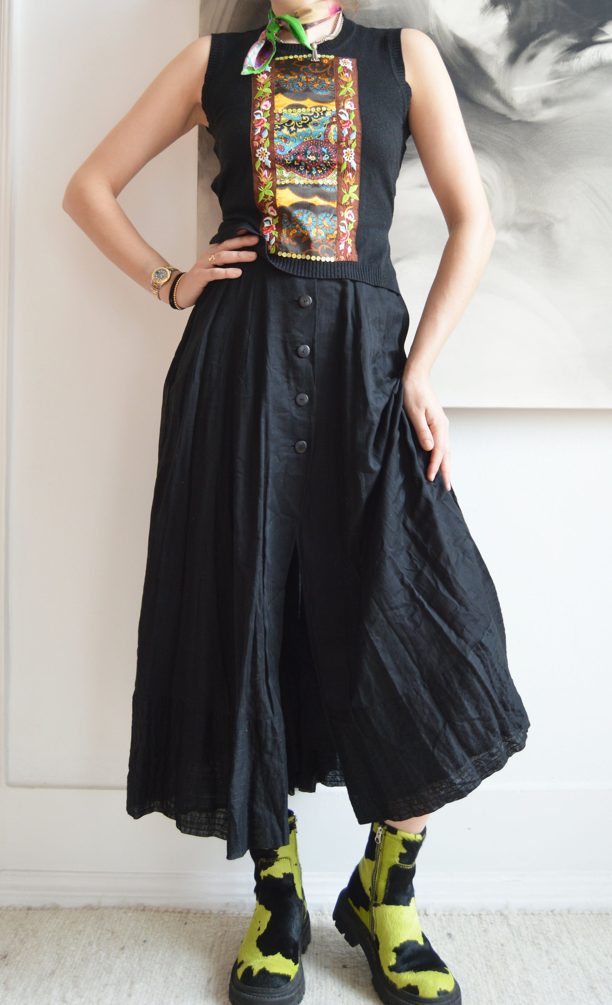 Vintage Kenzo Black Cotton Midi Skirt