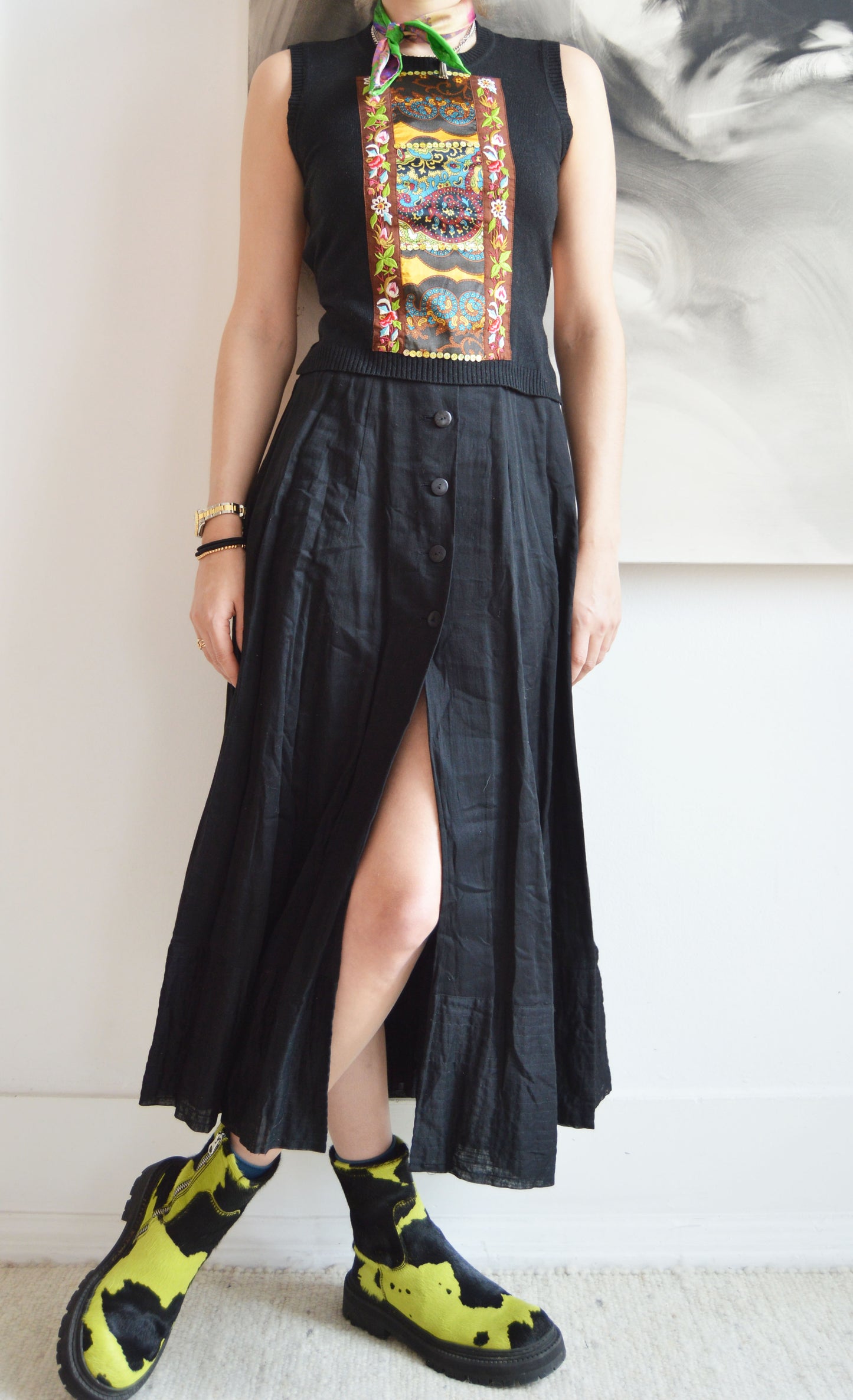 Vintage Kenzo Black Cotton Midi Skirt