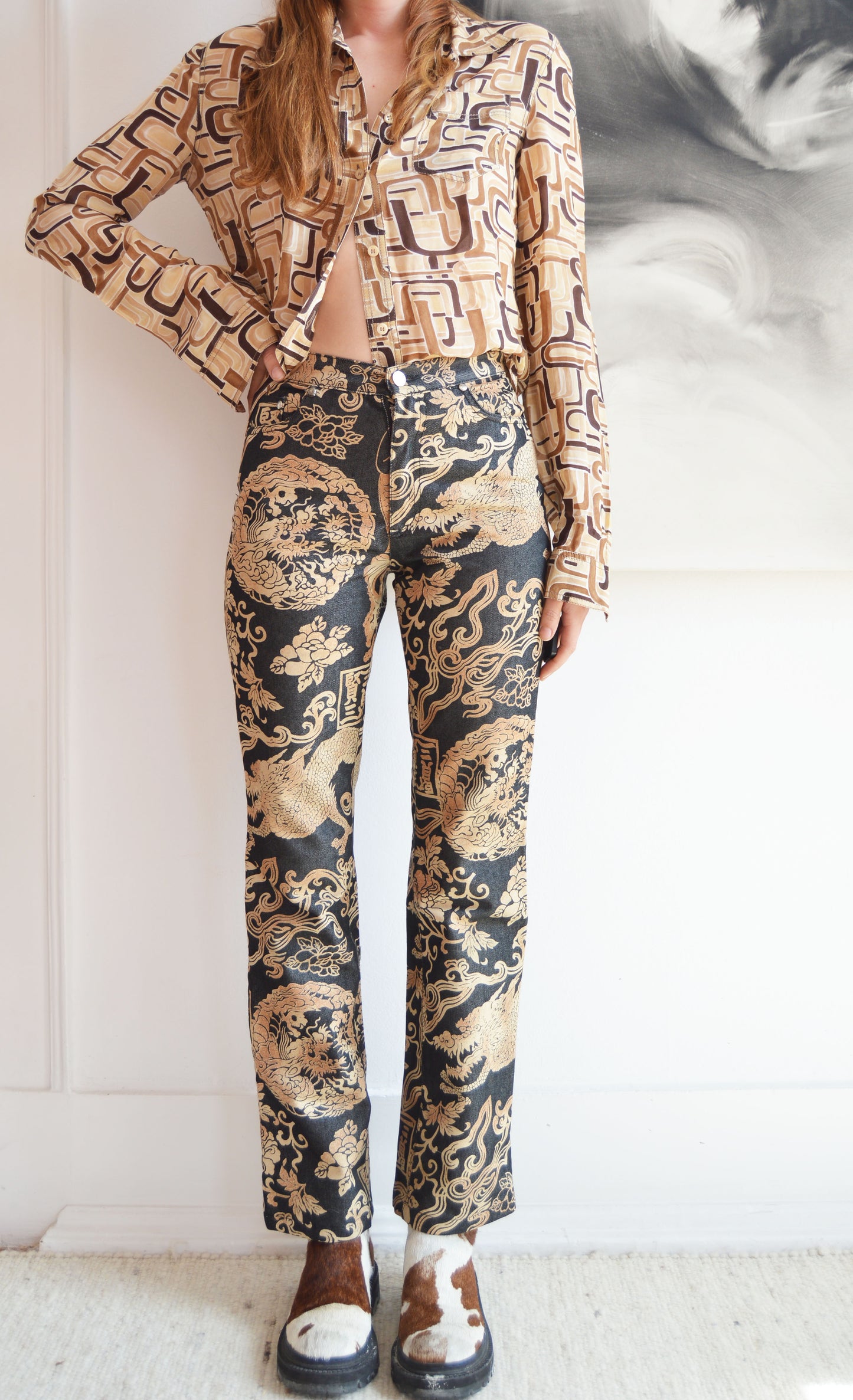 vintage kenzo jeans dragon print pants