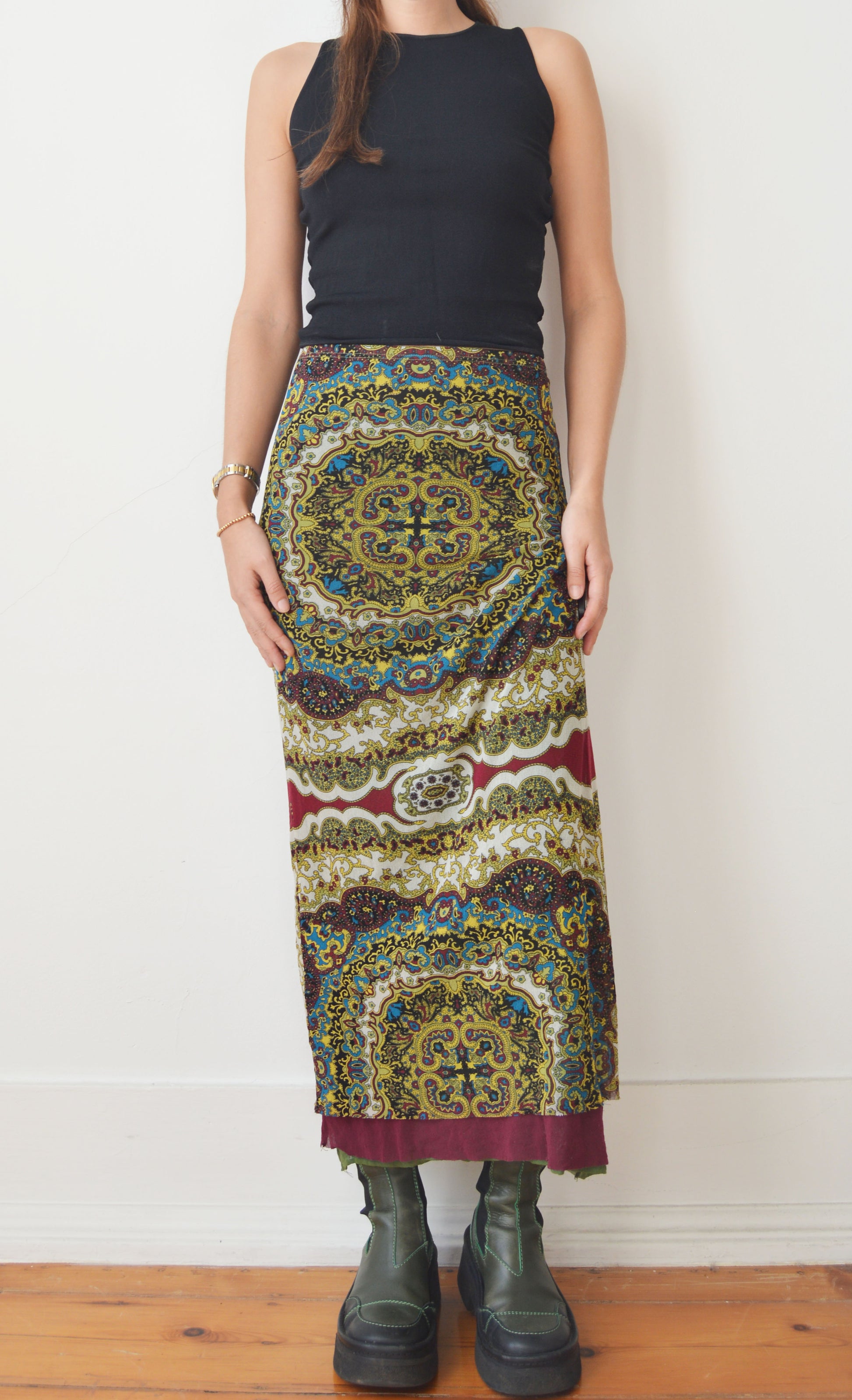 vintage kenzo jeans stained glass mesh maxi skirt