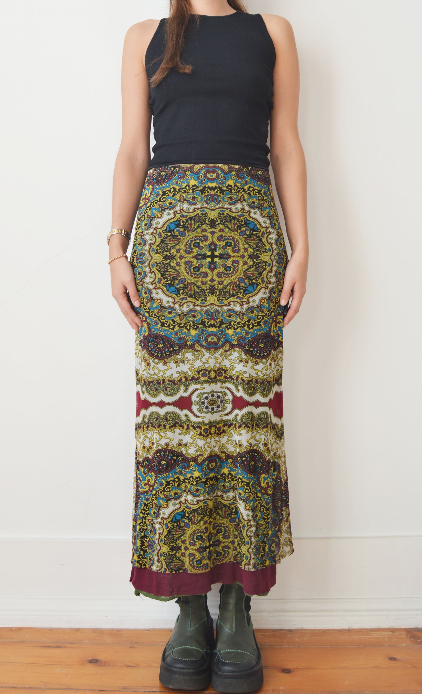vintage kenzo jeans stained glass mesh maxi skirt