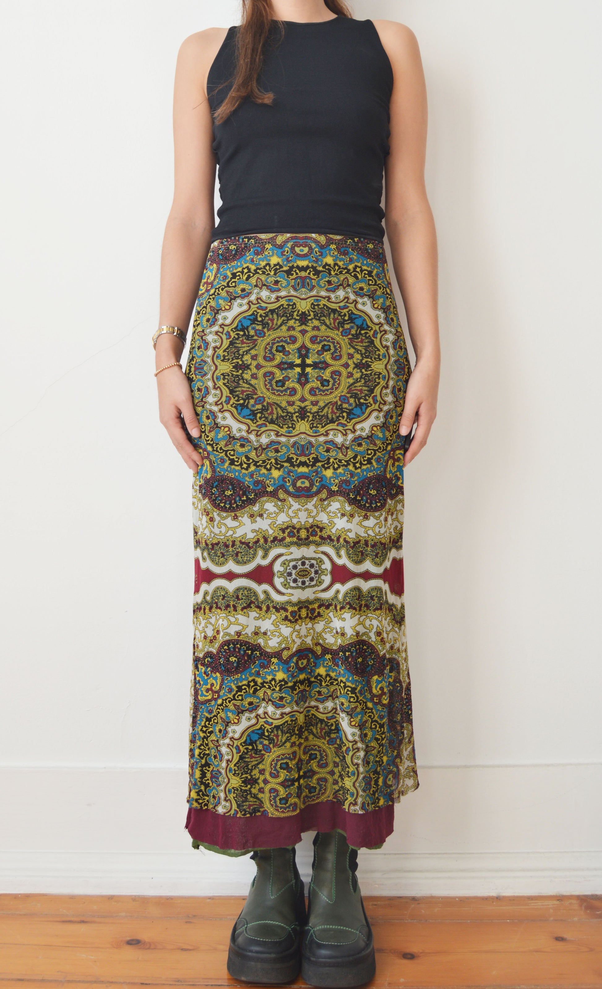 vintage kenzo jeans stained glass mesh maxi skirt