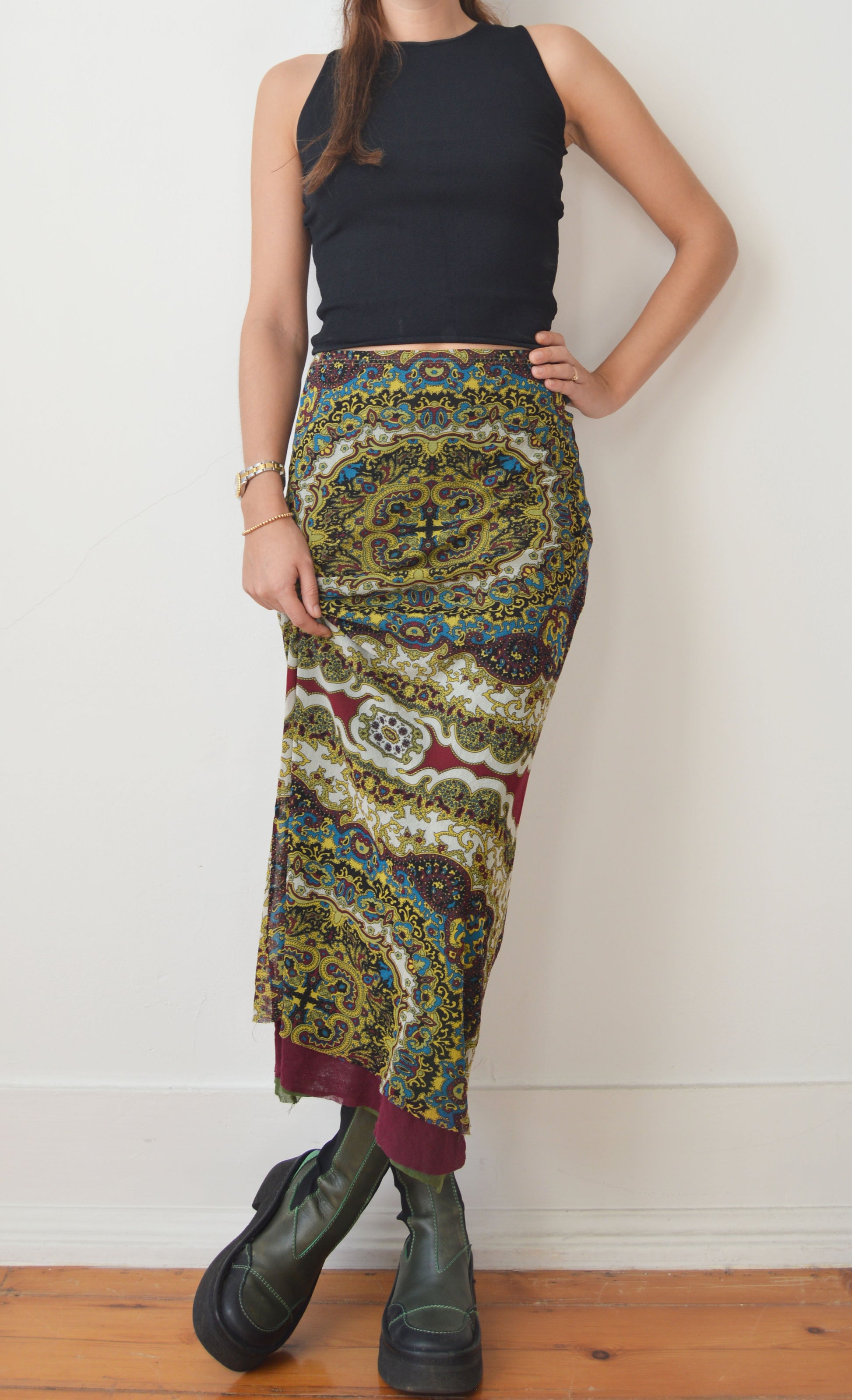 vintage kenzo jeans stained glass mesh maxi skirt