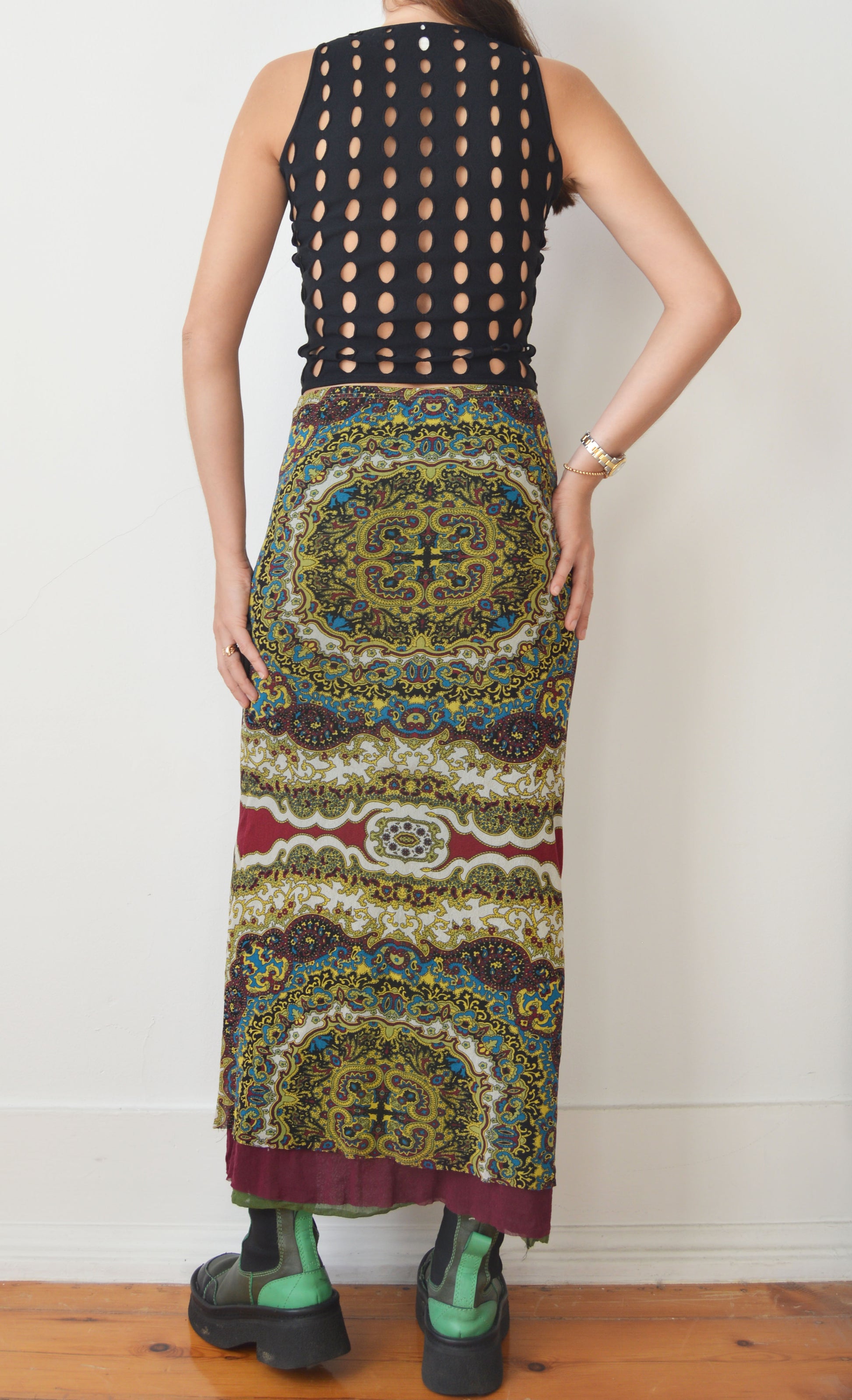 vintage kenzo jeans stained glass mesh maxi skirt