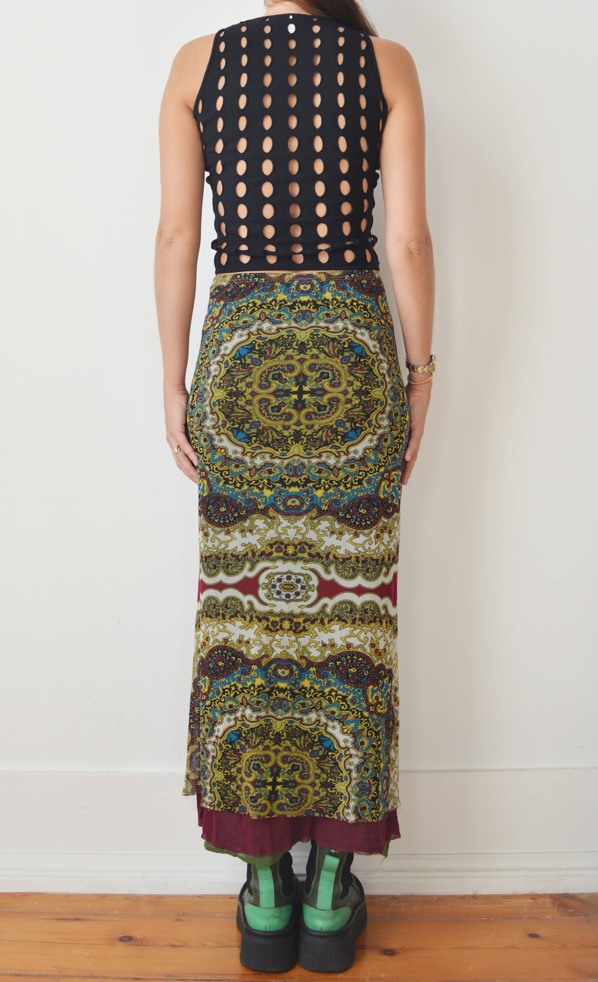 vintage kenzo jeans stained glass mesh maxi skirt