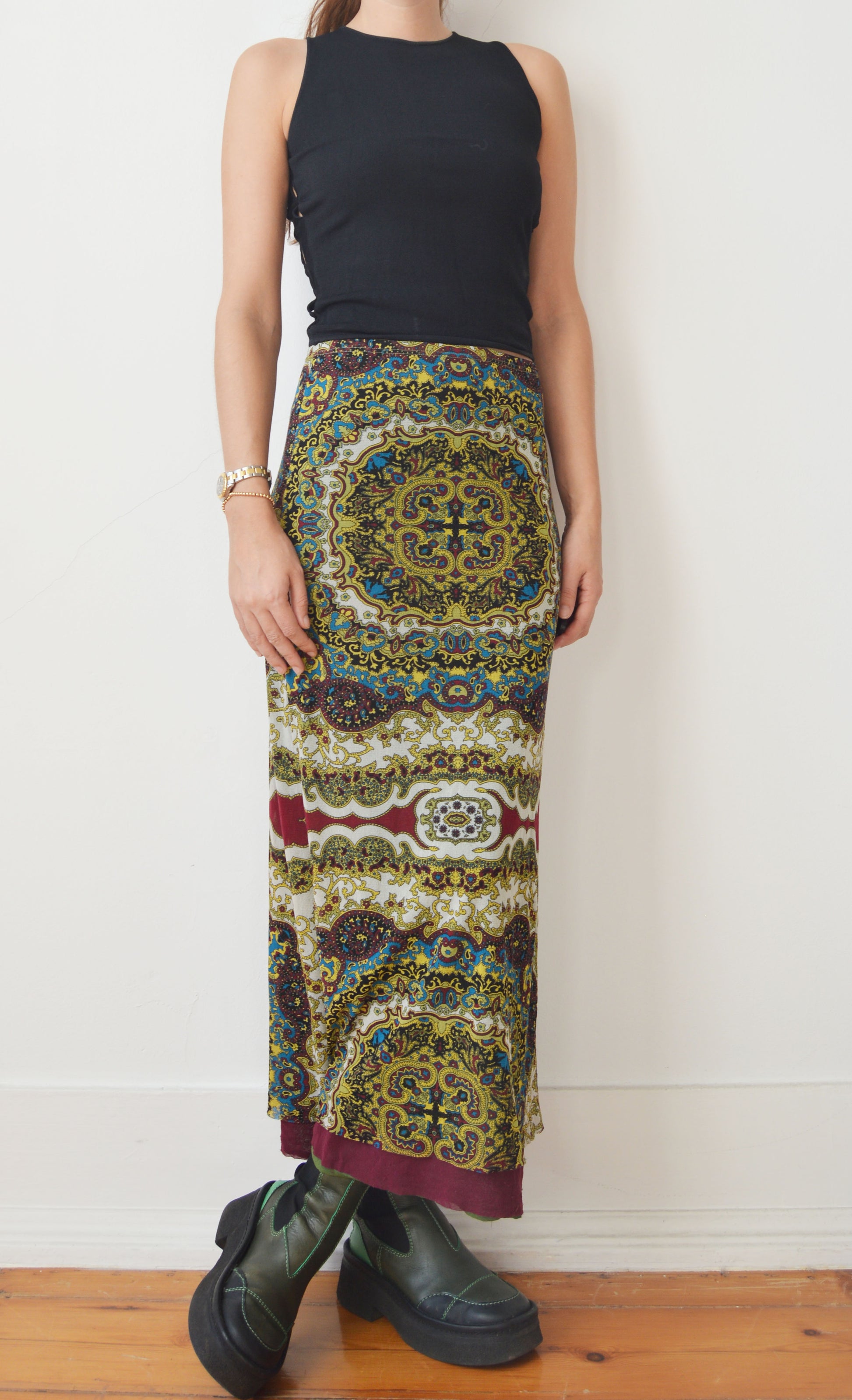 vintage kenzo jeans stained glass mesh maxi skirt