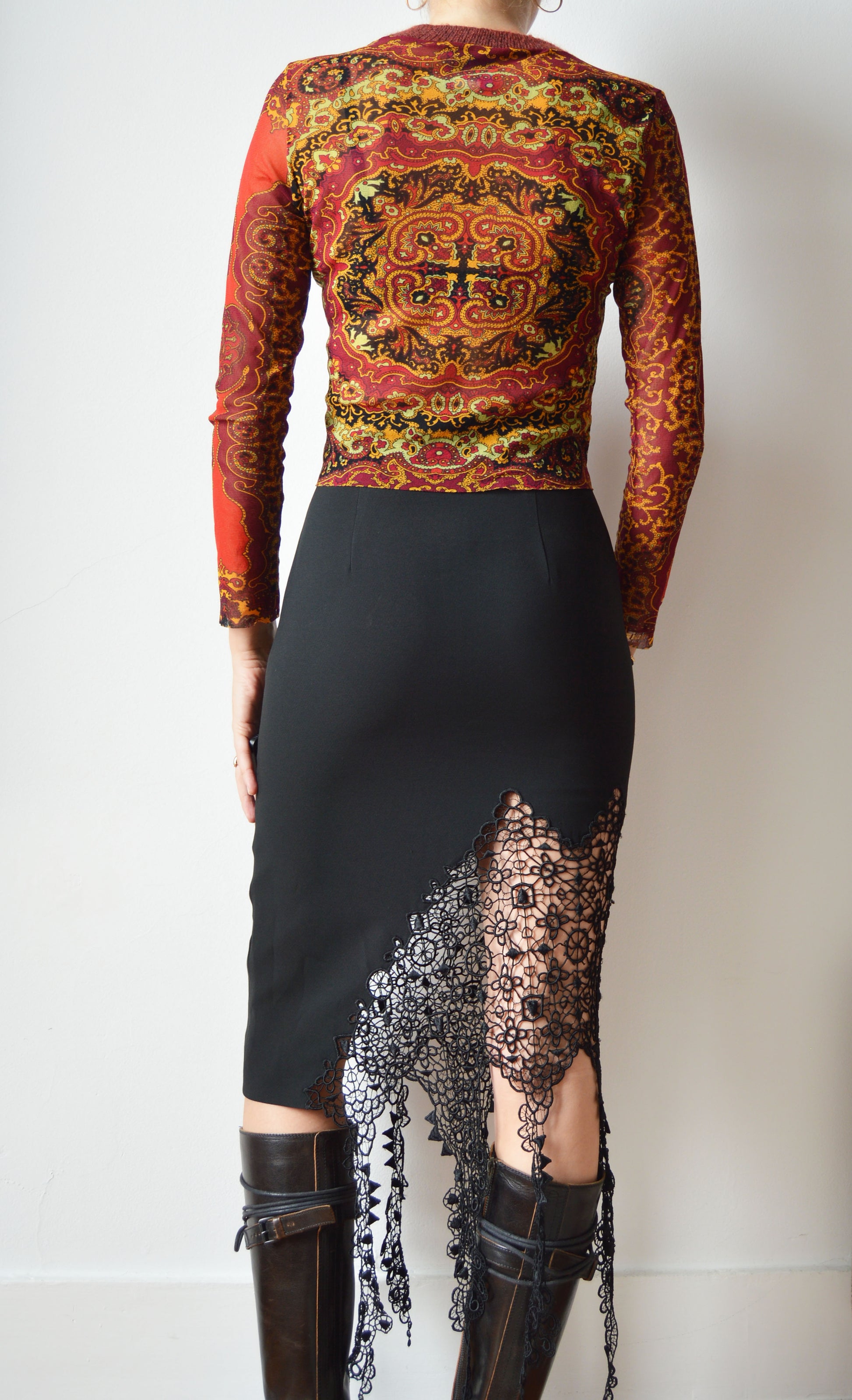 vintage kenzo jeans stained glass mesh top with a wool collar
