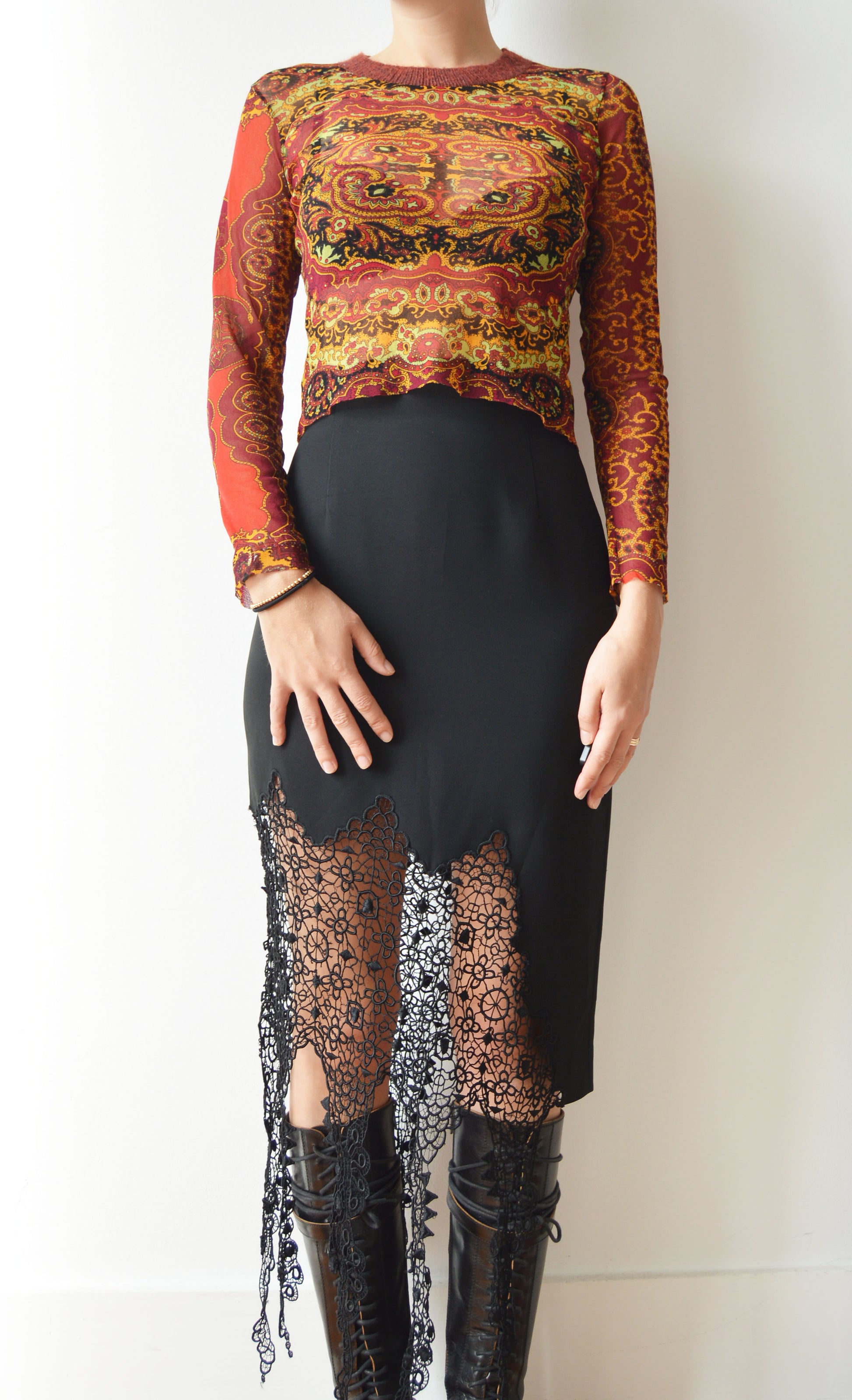 vintage kenzo jeans stained glass mesh top with a wool collar