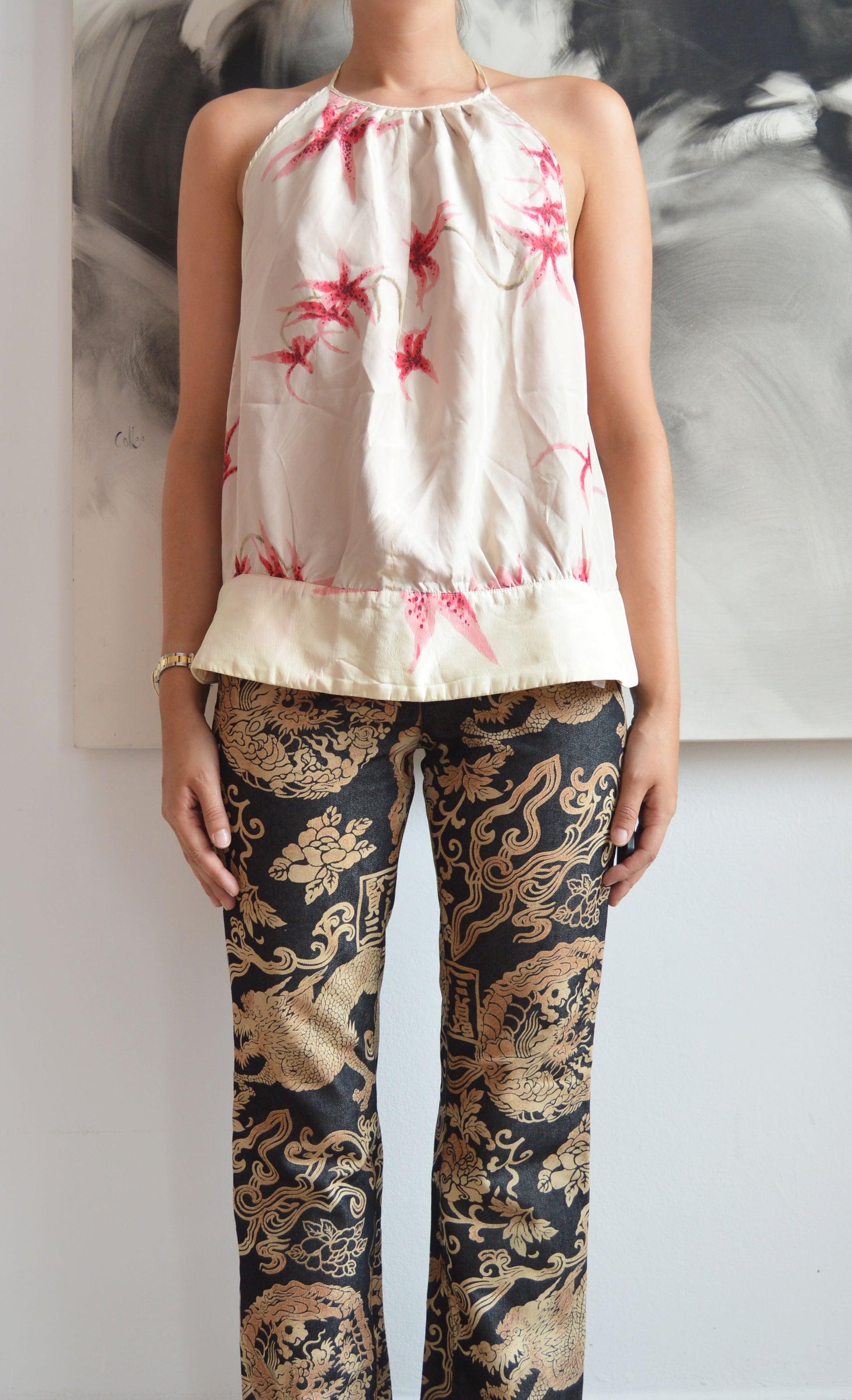 vintage kenzo orchid print silk backless top