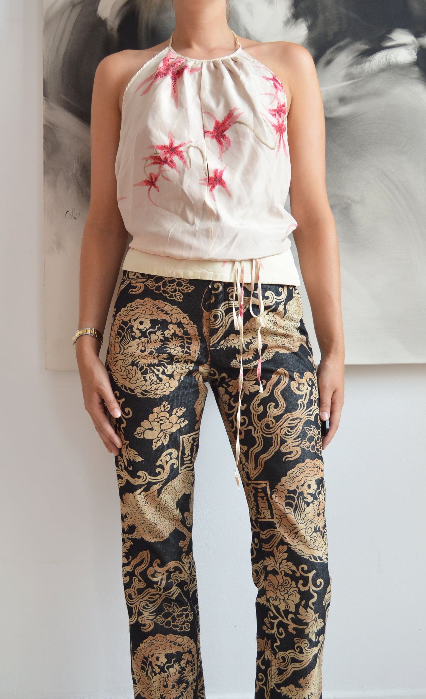 vintage kenzo orchid print silk backless top