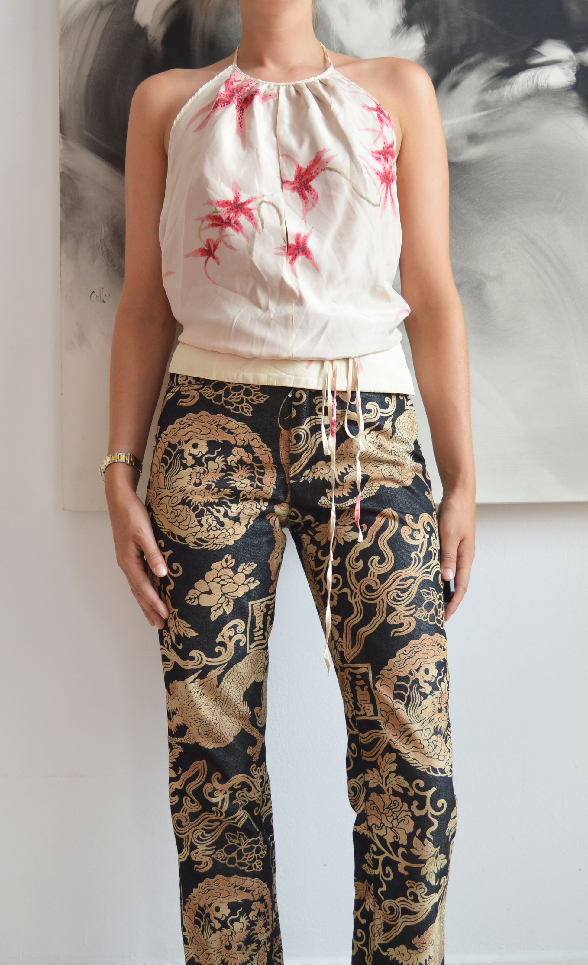 vintage kenzo orchid print silk backless top