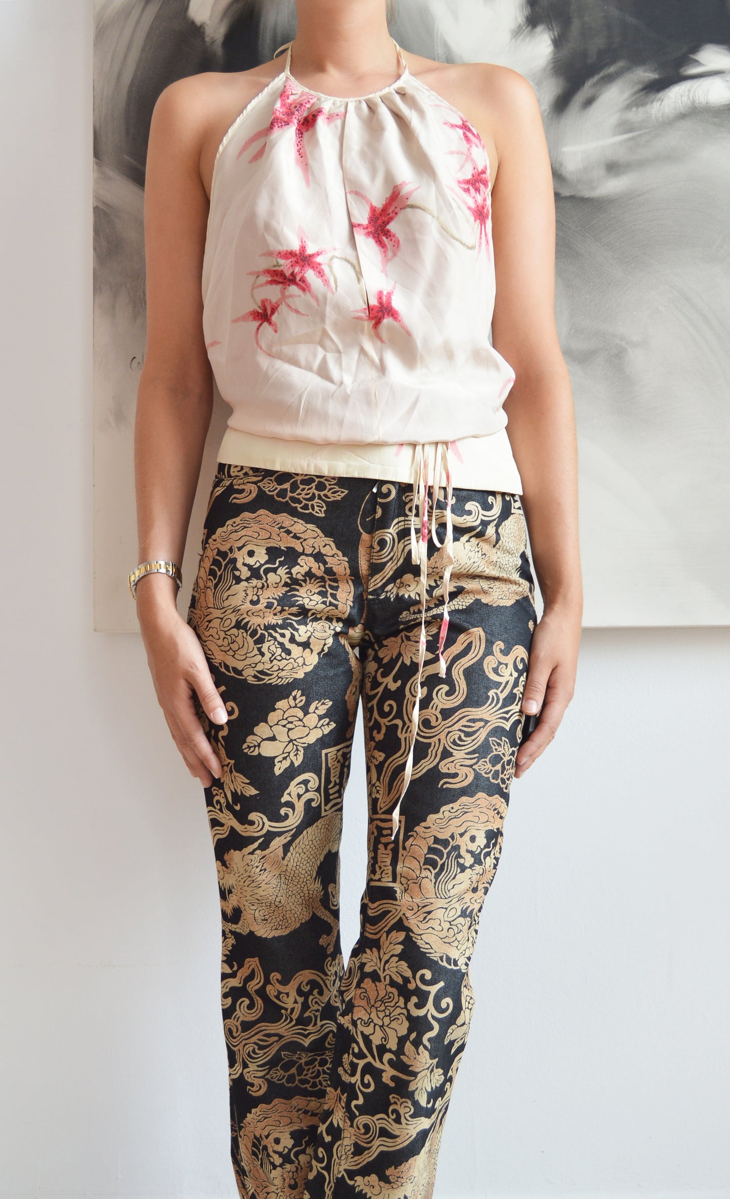 vintage kenzo orchid print silk backless top