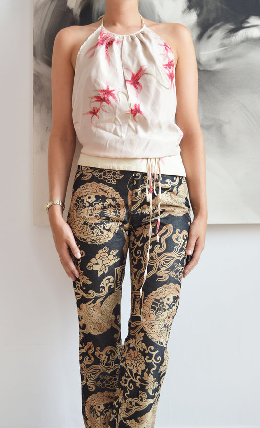 vintage kenzo orchid print silk backless top