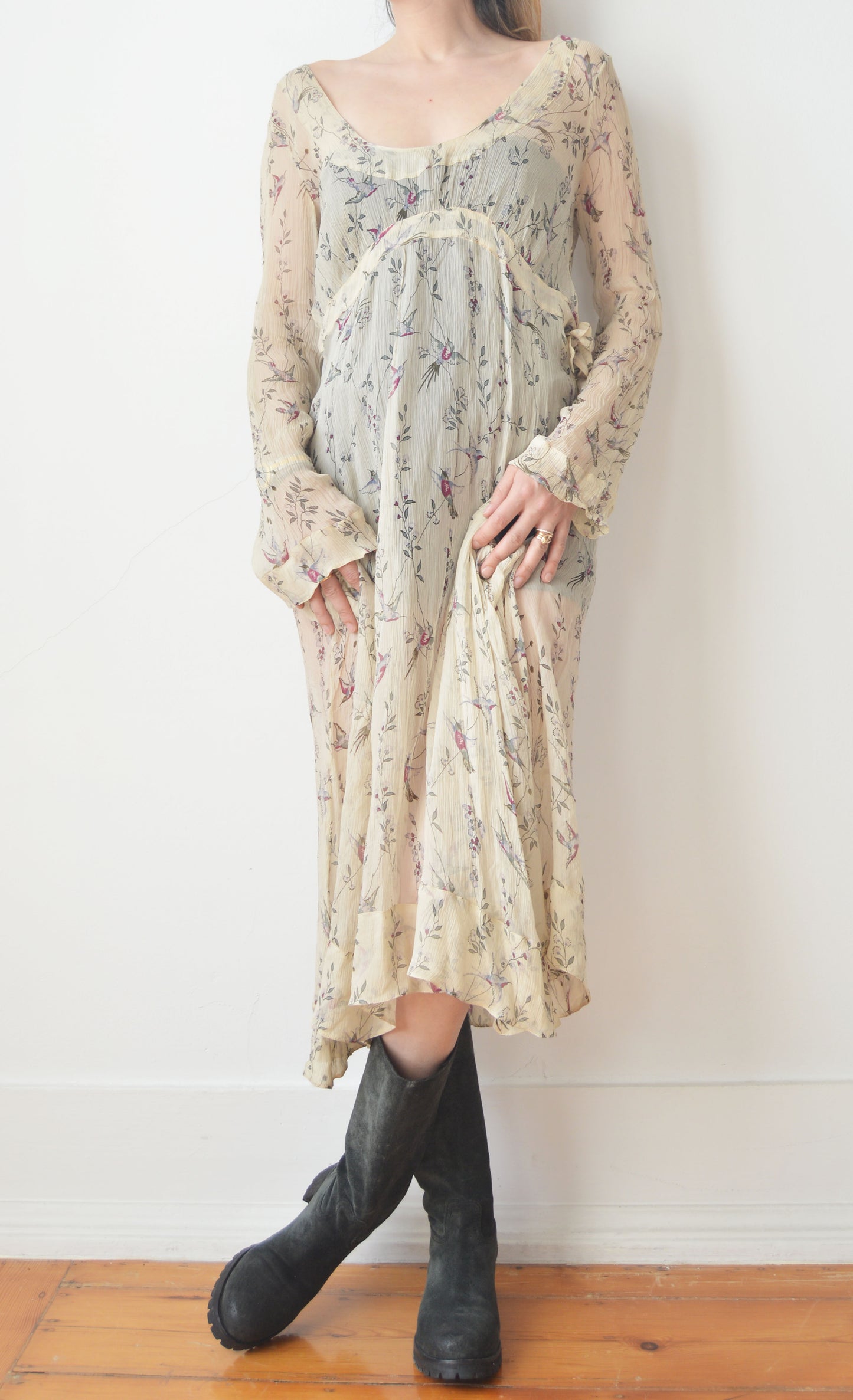 Vintage Marni F/W 2002 Silk Bird Print Sheer Dress