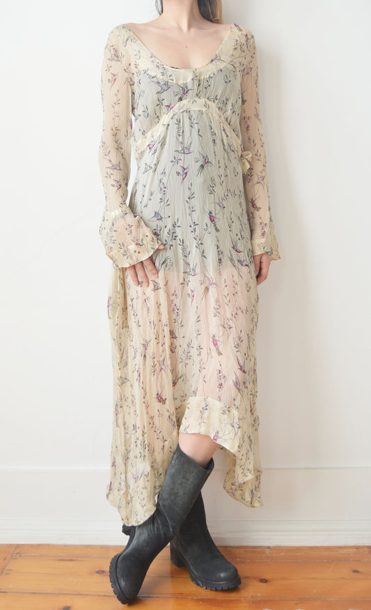 Vintage Marni F/W 2002 Silk Bird Print Sheer Dress