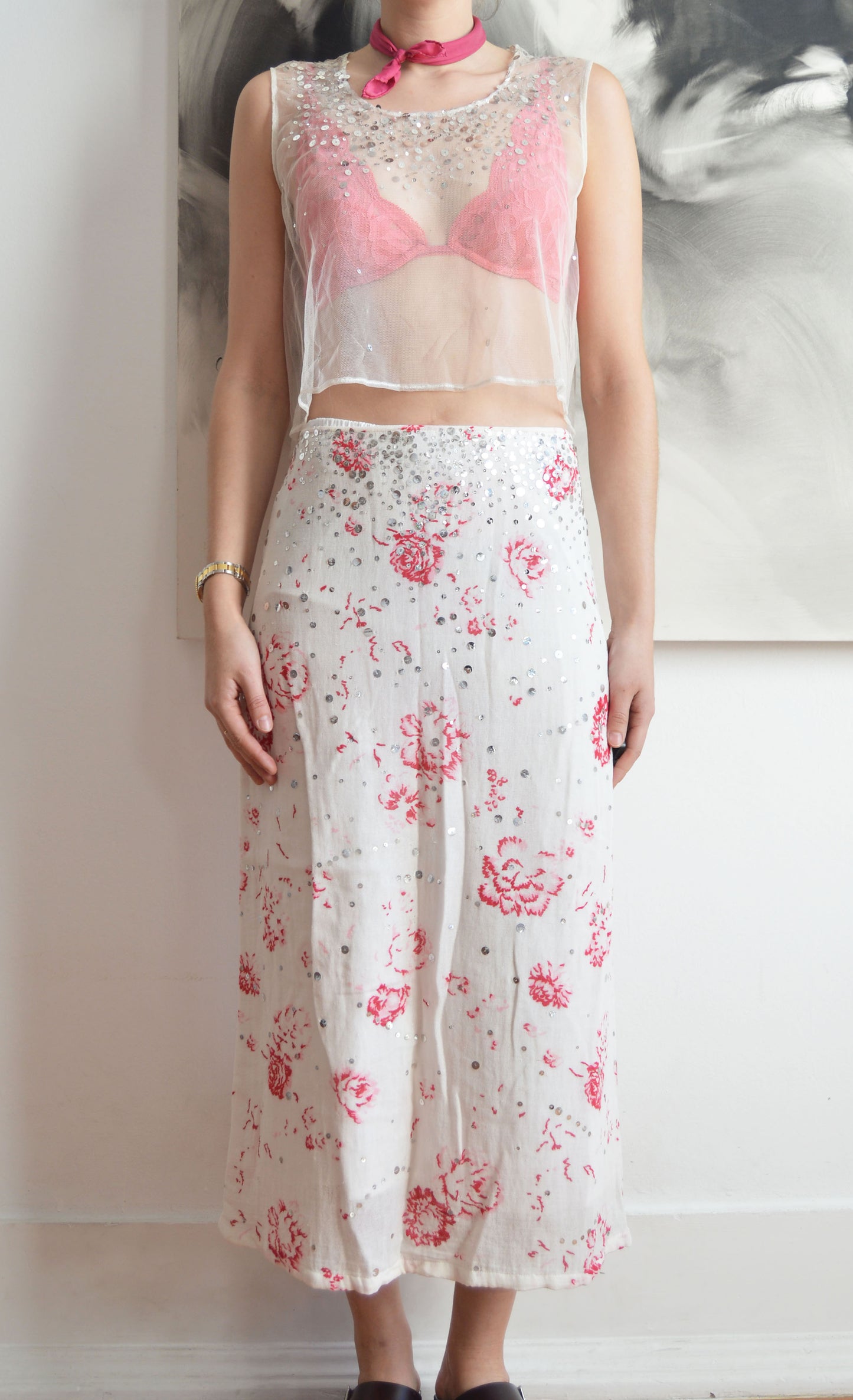 vintage marni white mesh and sequin top