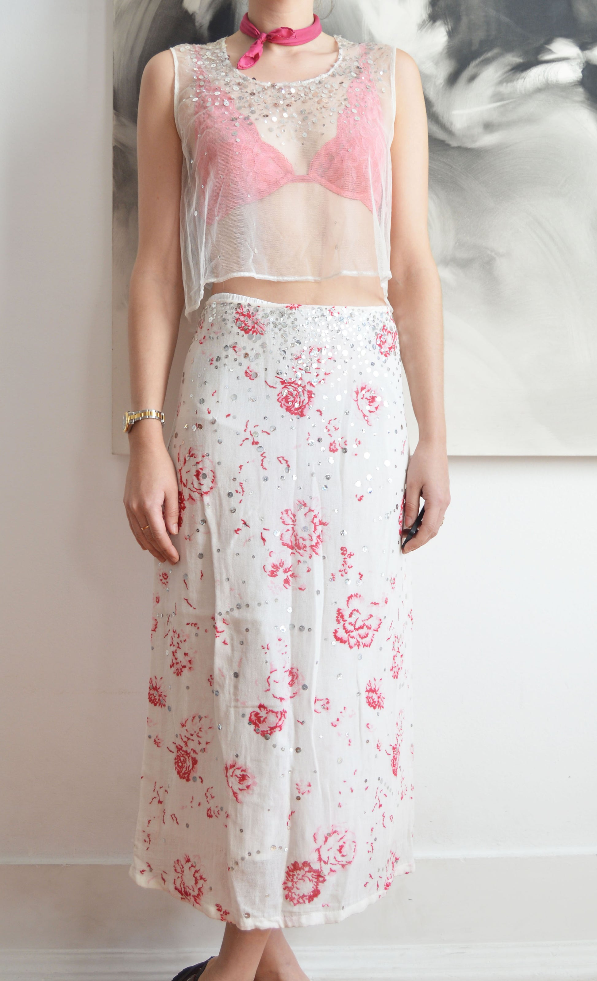 vintage marni white mesh and sequin top