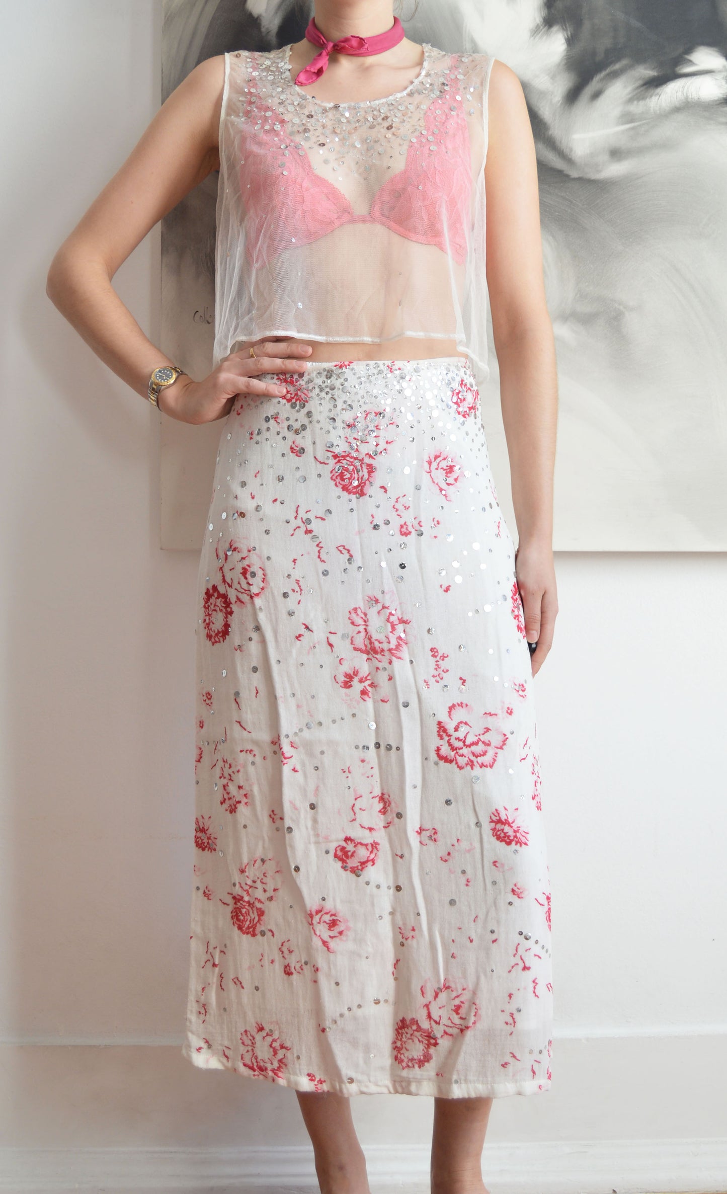 vintage marni white mesh and sequin top