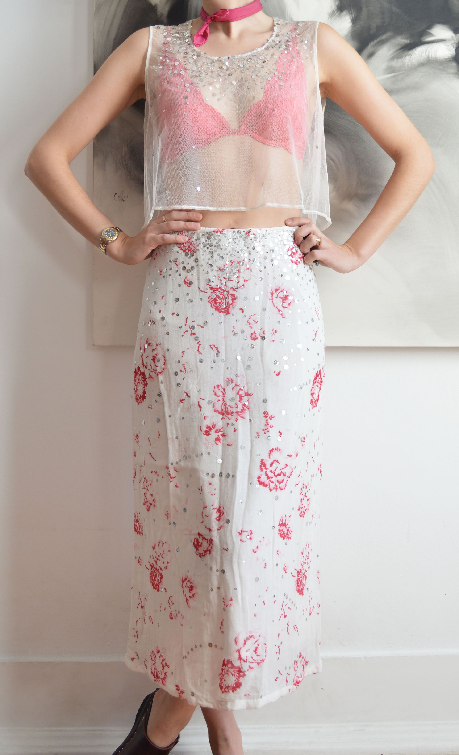 vintage marni white mesh and sequin top