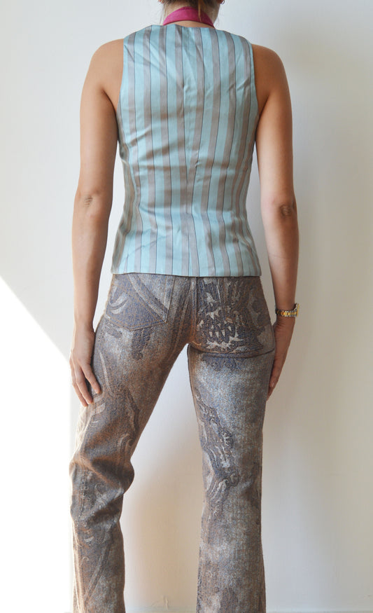 vintage prada ss 1990 blue silk striped waistcoat top