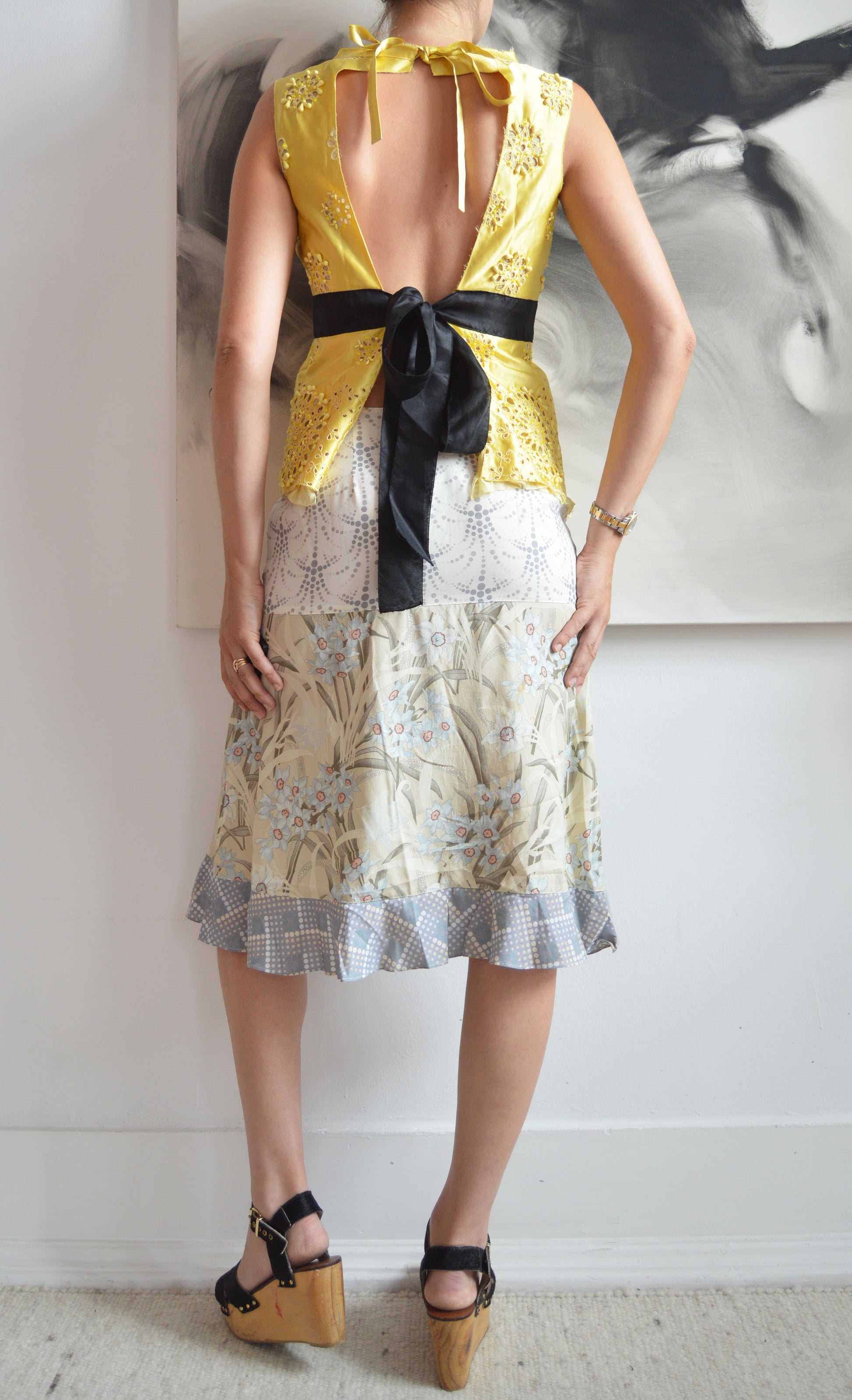 vintage prada yellow satin beaded backless top