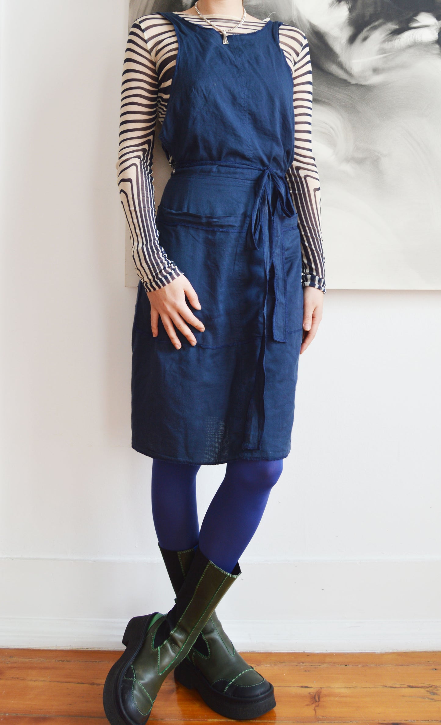 vintage gaultier jeans cotton navy blue apron dress