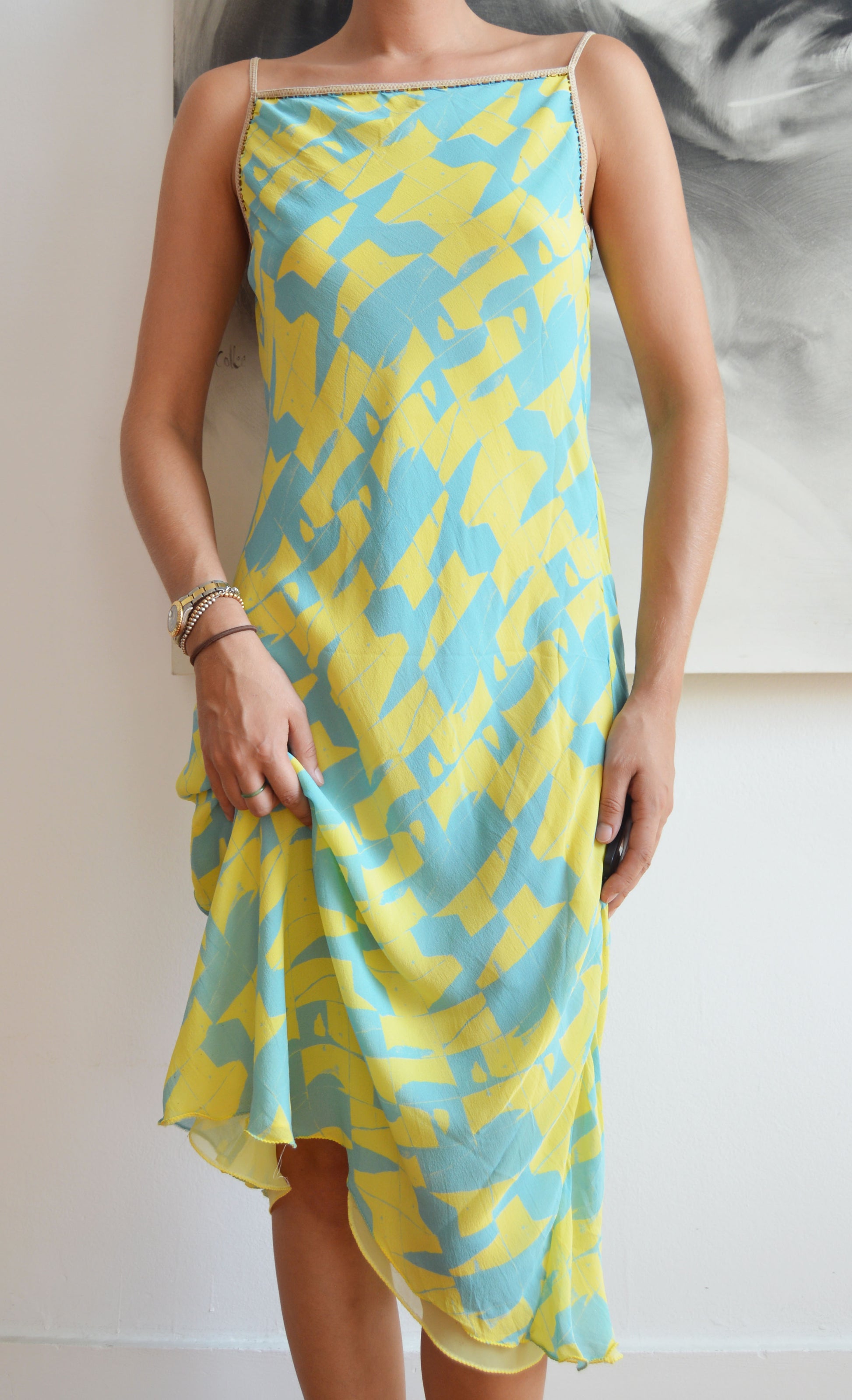 vintage iceberg ss 2000 blue and yellow silk dress