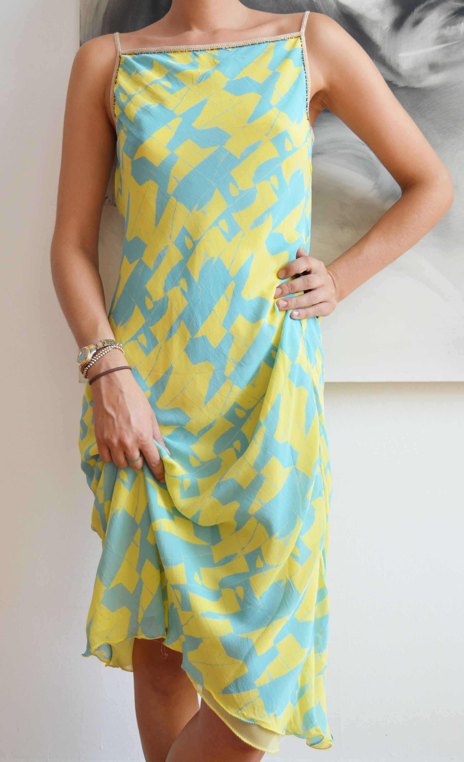 vintage iceberg ss 2000 blue and yellow silk dress