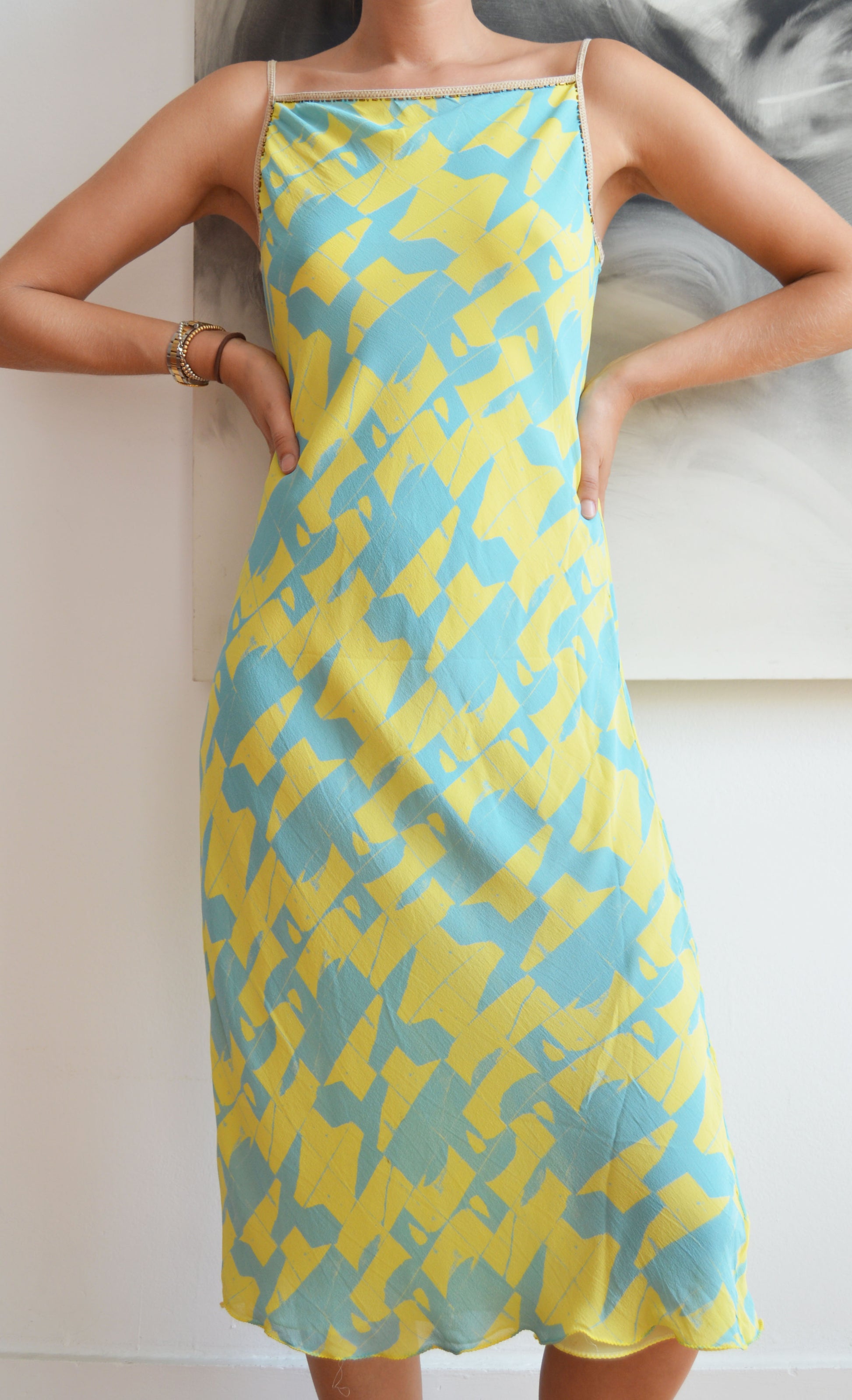 vintage iceberg ss 2000 blue and yellow silk dress