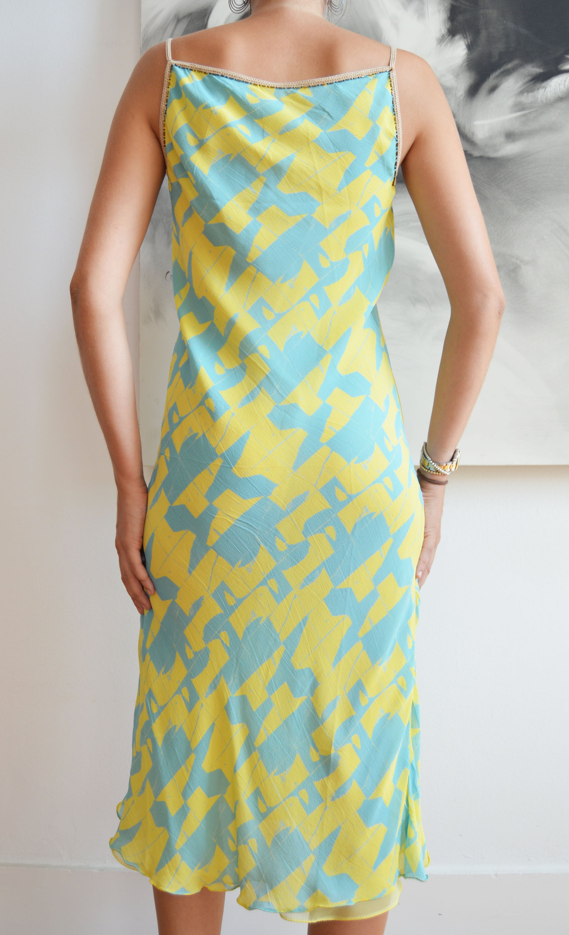 vintage iceberg ss 2000 blue and yellow silk dress