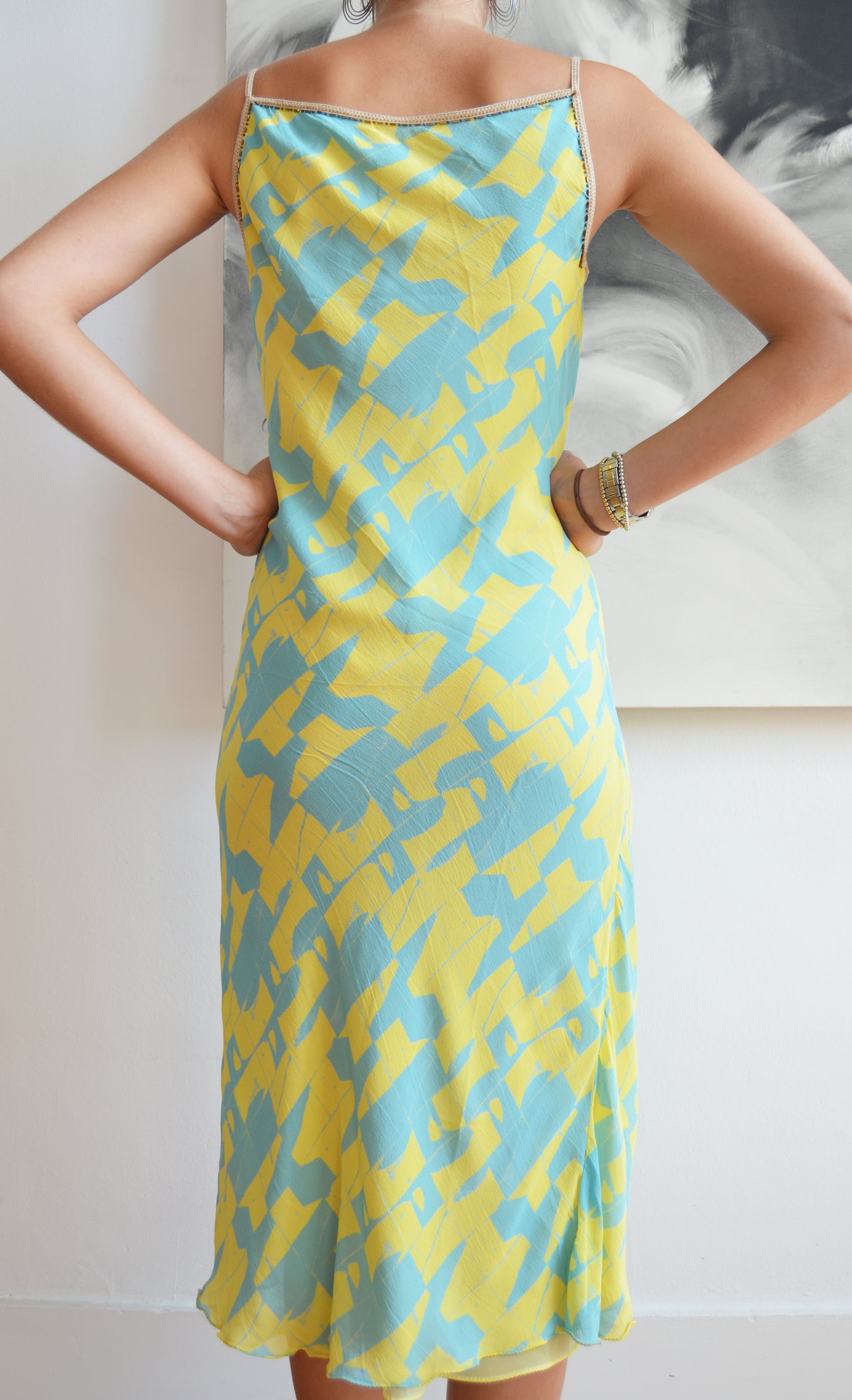 vintage iceberg ss 2000 blue and yellow silk dress