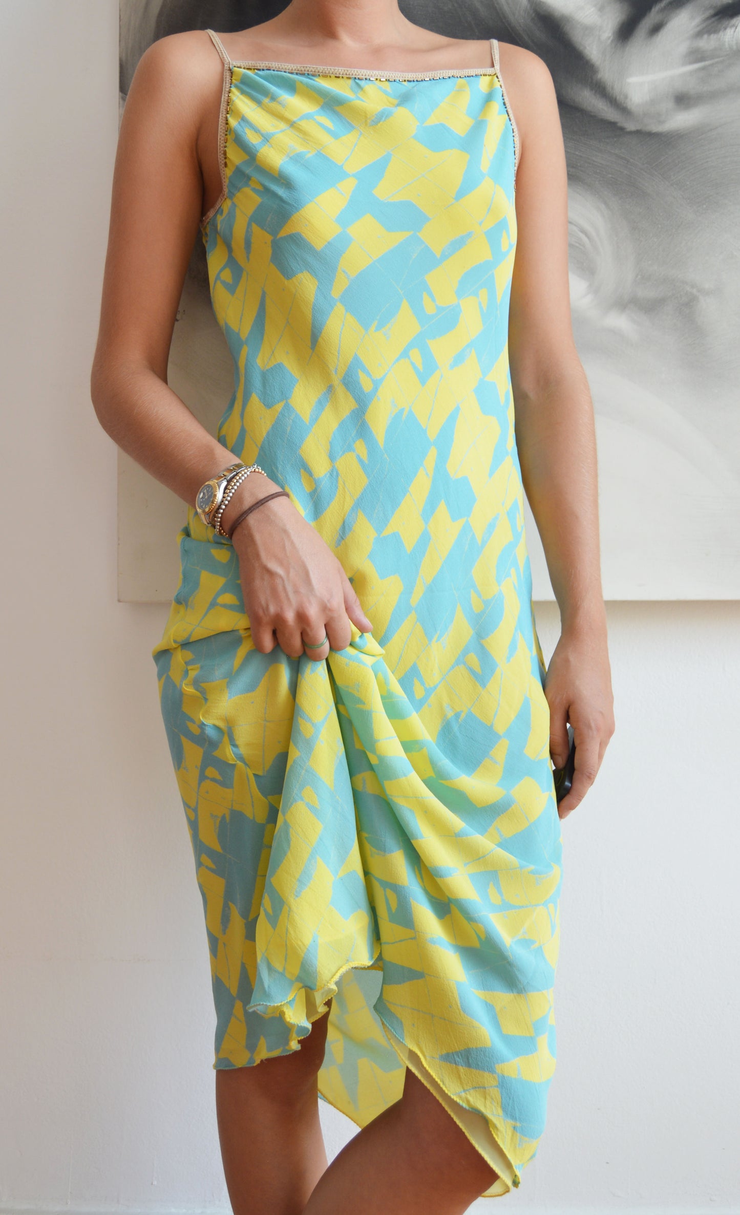 vintage iceberg ss 2000 blue and yellow silk dress