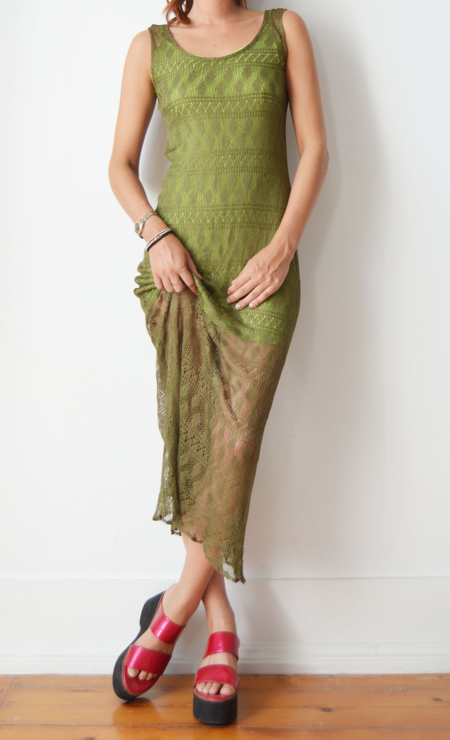 vintage kenzo green lace layered dress