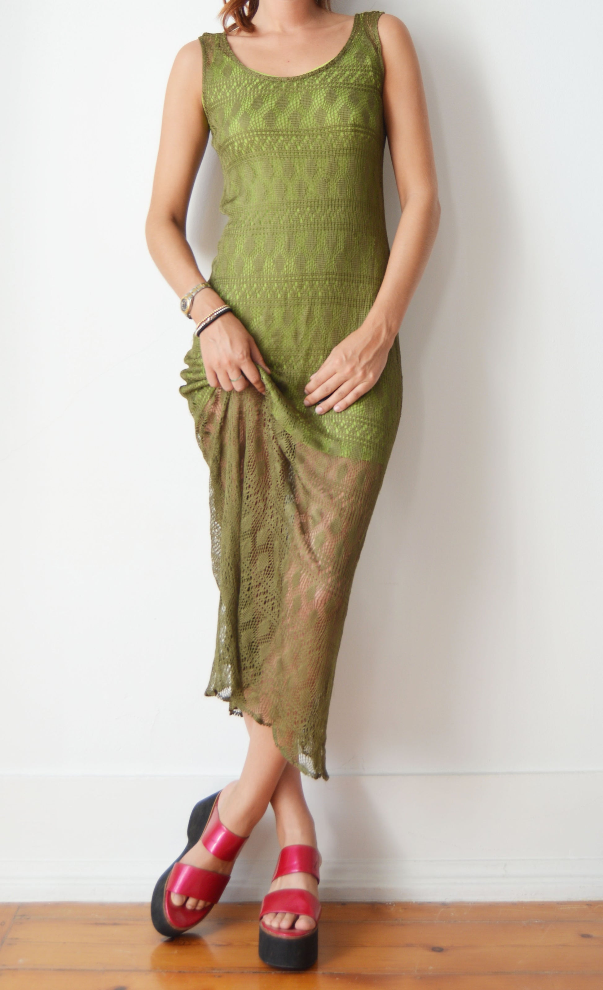 vintage kenzo green lace layered dress