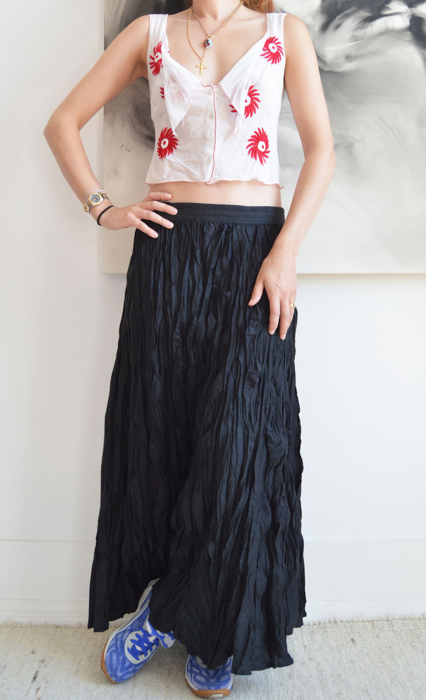 Vintage Kenzo jungle black crinkled maxi skirt 