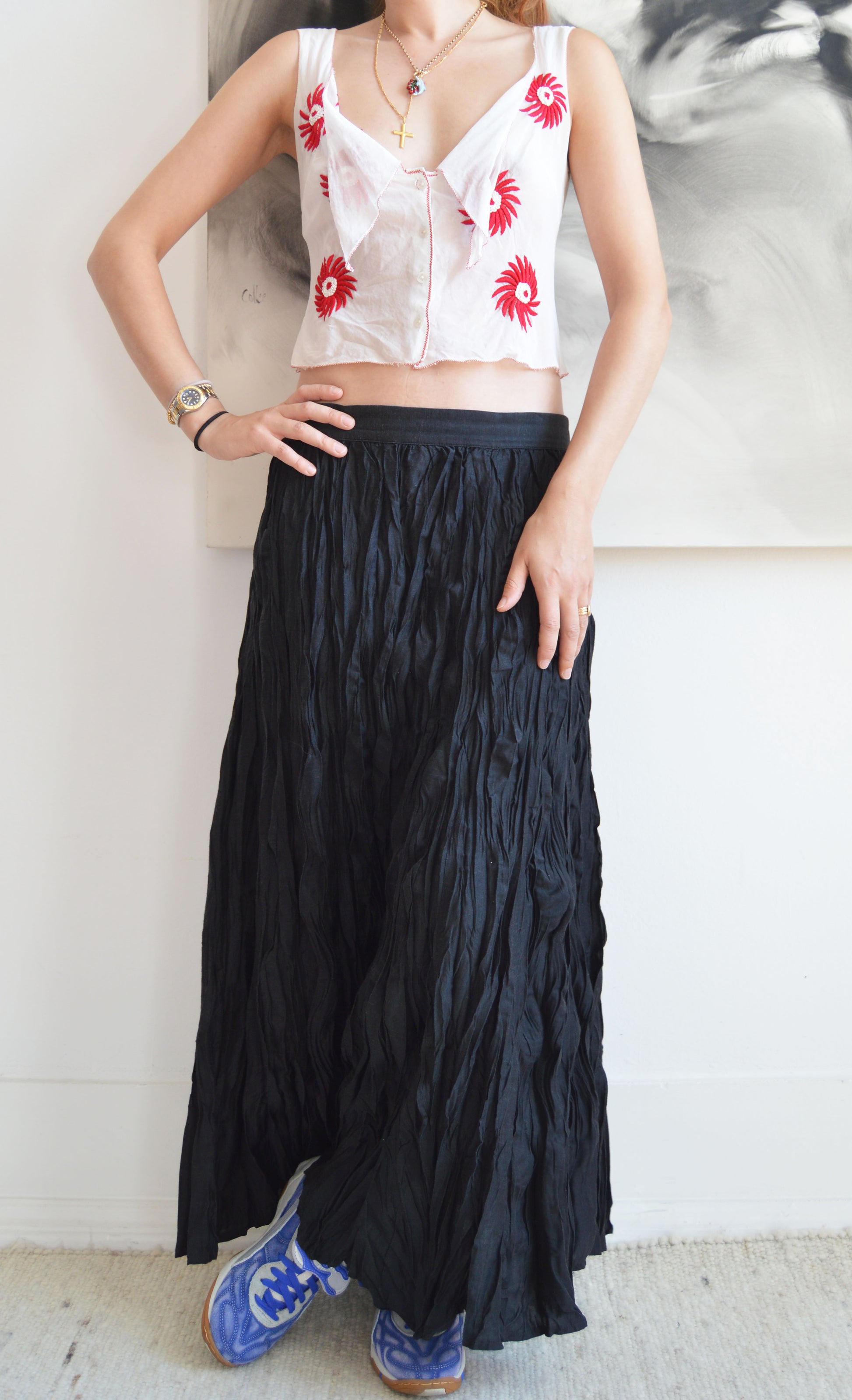 Vintage Kenzo jungle black crinkled maxi skirt 