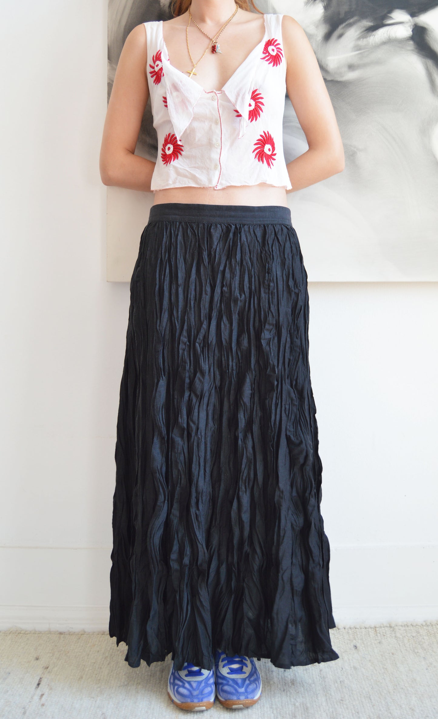 Vintage Kenzo jungle black crinkled maxi skirt 