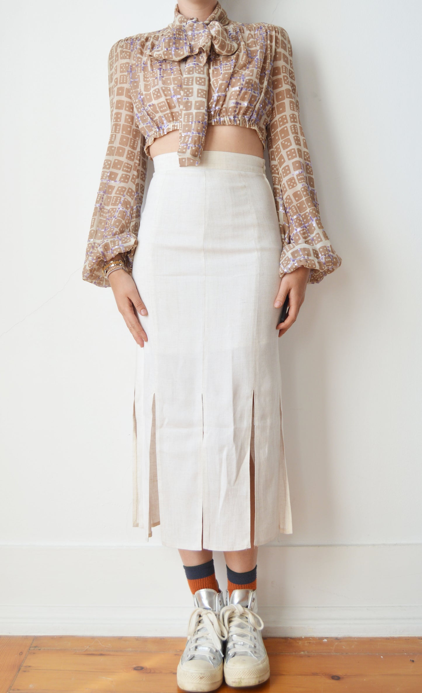 Vintage White Linen Skirt with Slits