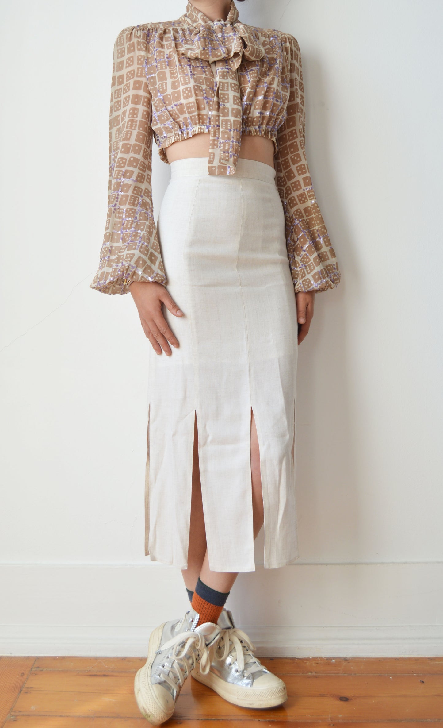 Vintage White Linen Skirt with Slits